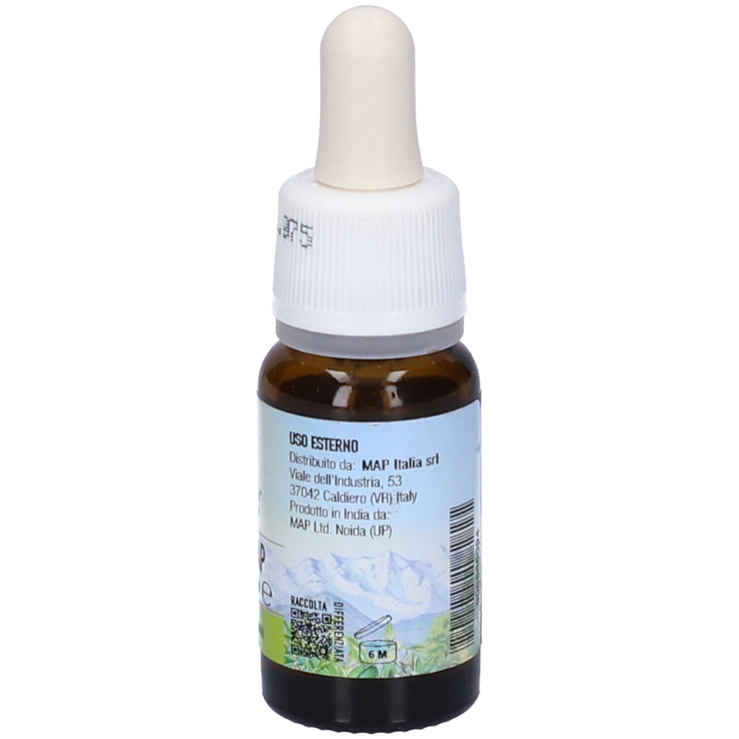 Flacone di vetro marrone con contagocce bianco. Etichetta: Aromap, Olio da Massaggio, 10 ml.