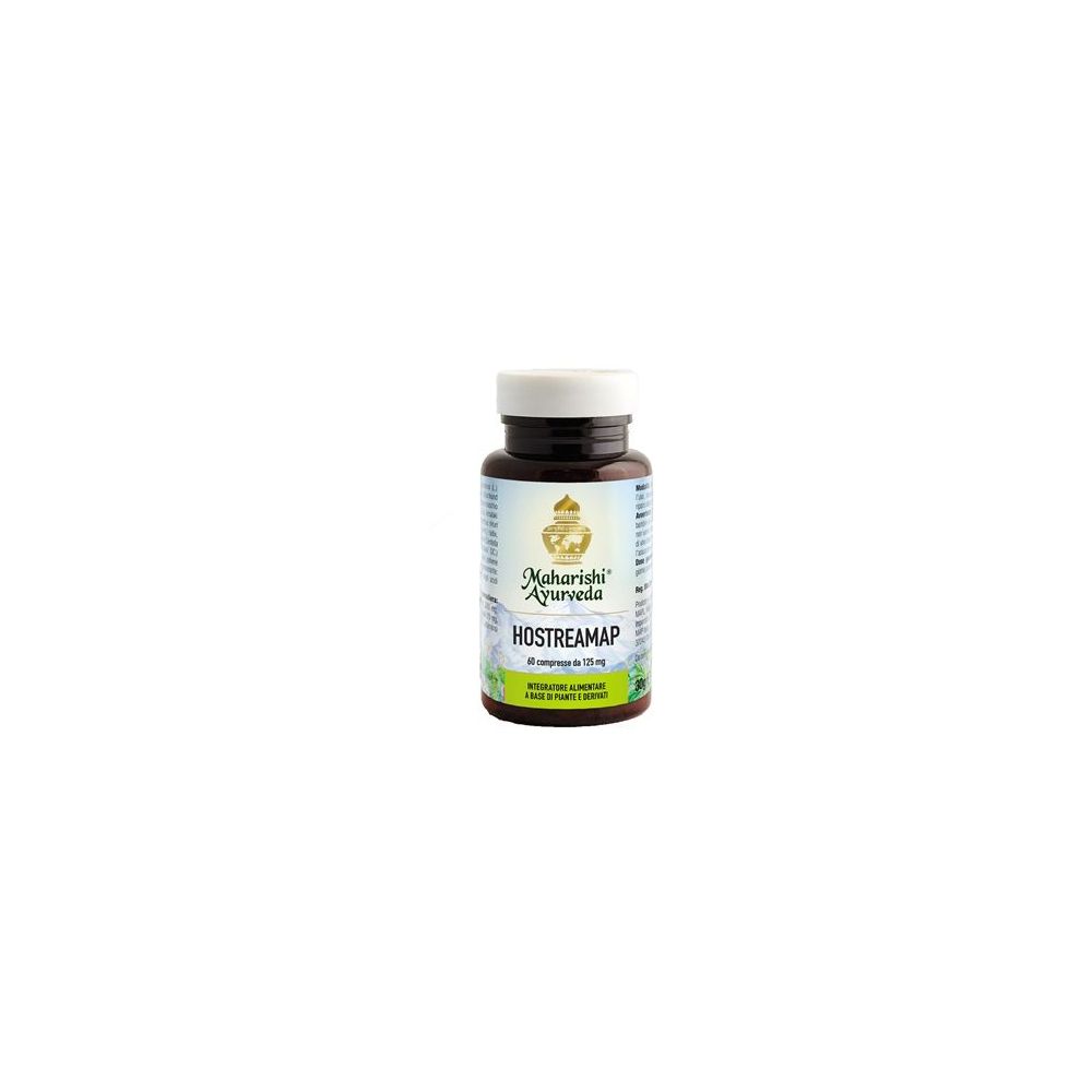 Flacone marrone con tappo bianco. Scritta: Hostreamap, Maharishi Ayurveda. Contiene 60 compresse.