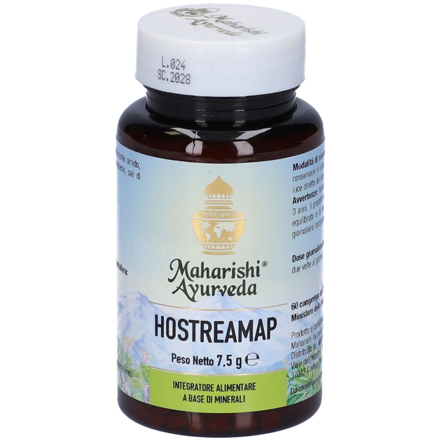 Flacone marrone con tappo bianco. Scritta: Hostreamap, Maharishi Ayurveda. Peso netto: 7,5 g. 60 compresse.