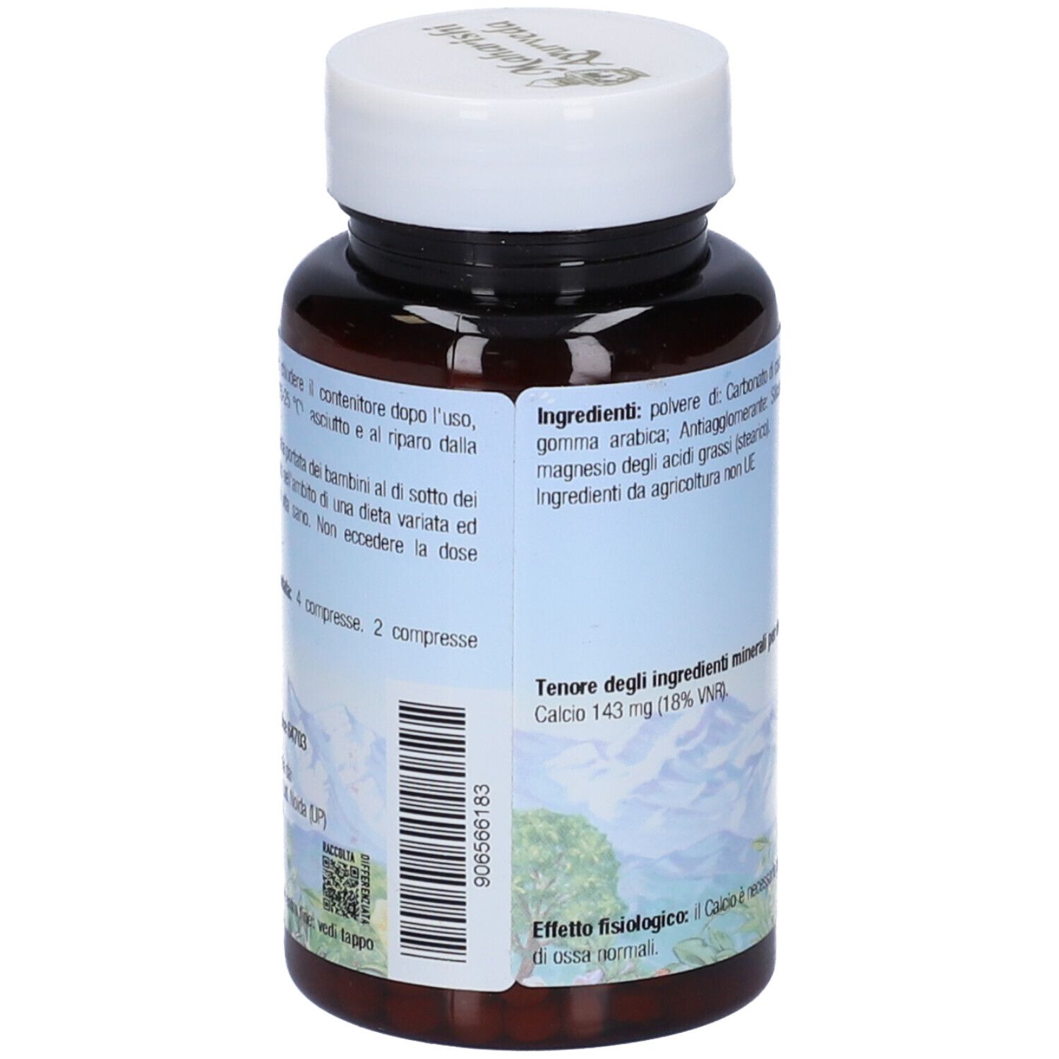 Retro del flacone. Scritta: Ingredienti, minerali per dose giornaliera, calcio 143 mg. Hostreamap.