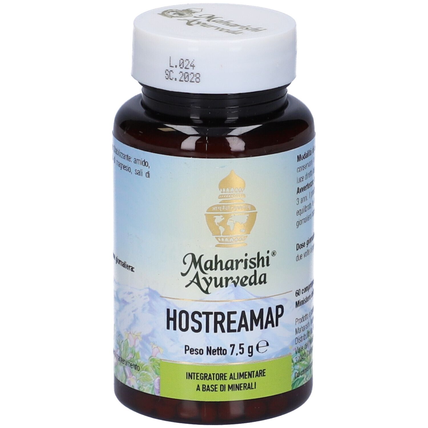 Flacone marrone con tappo bianco. Scritta: Hostreamap, Maharishi Ayurveda. Peso netto: 7,5 g. 60 compresse.