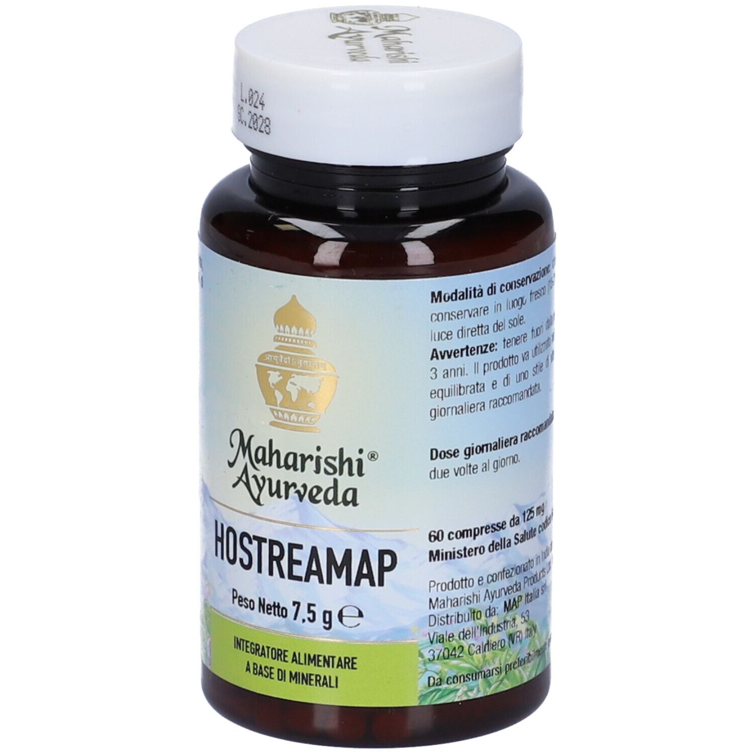 Flacone marrone con tappo bianco. Scritta: Hostreamap, Maharishi Ayurveda. Peso netto: 7,5 g. 60 compresse.