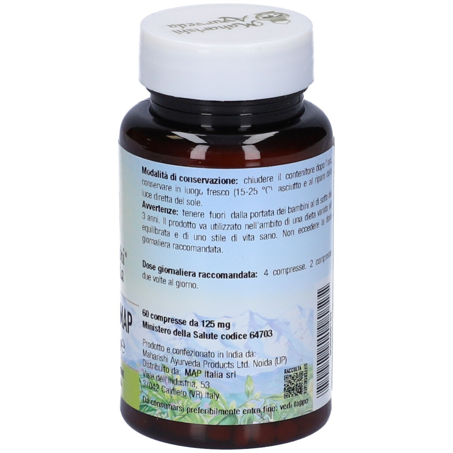 Retro del flacone. Scritta: 60 compresse, 125 mg, Ministero della Salute, Maharishi Ayurveda. Hostreamap.
