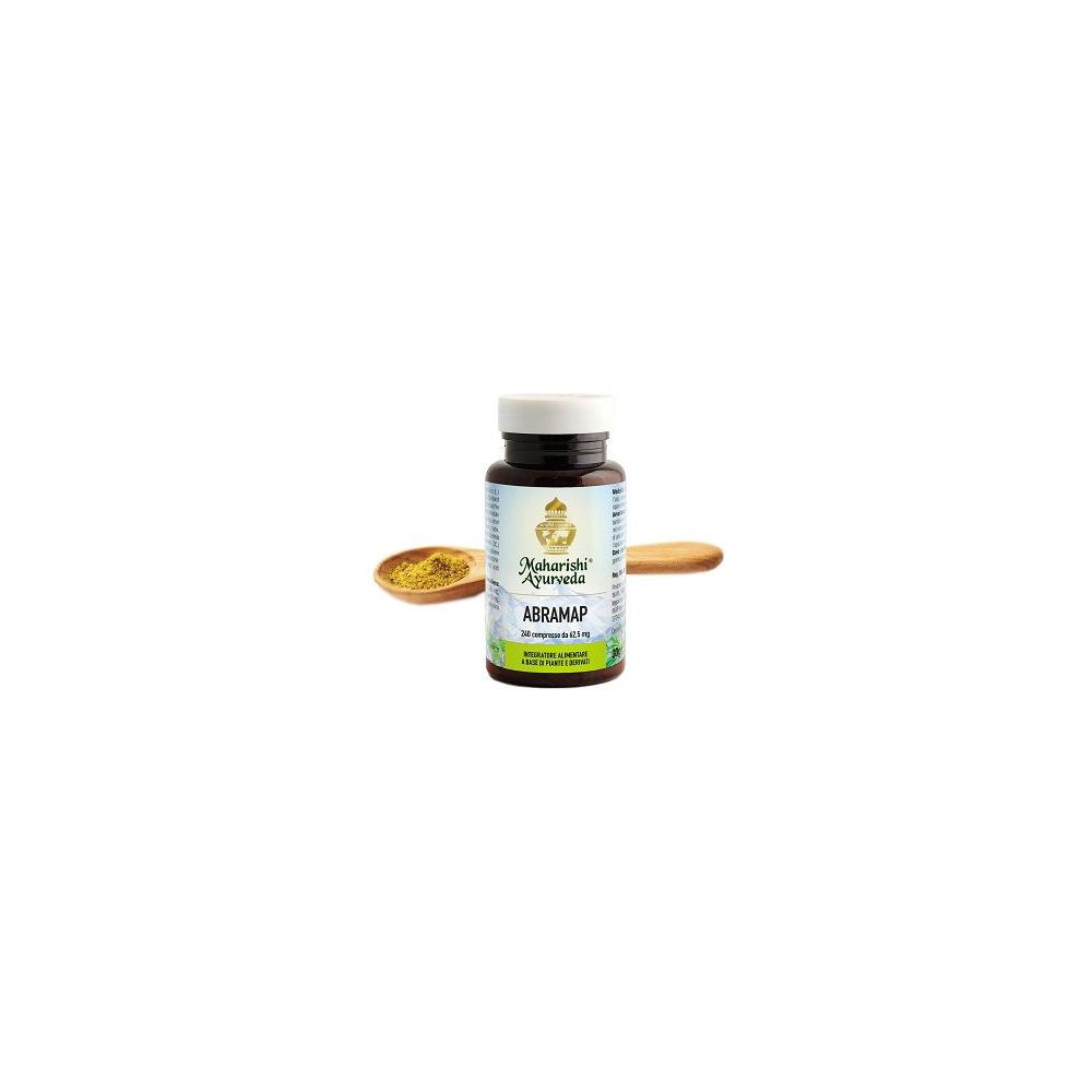 Flacone marrone di compresse con coperchio bianco. Scritta: Abramap. Cucchiaio con polvere accanto.