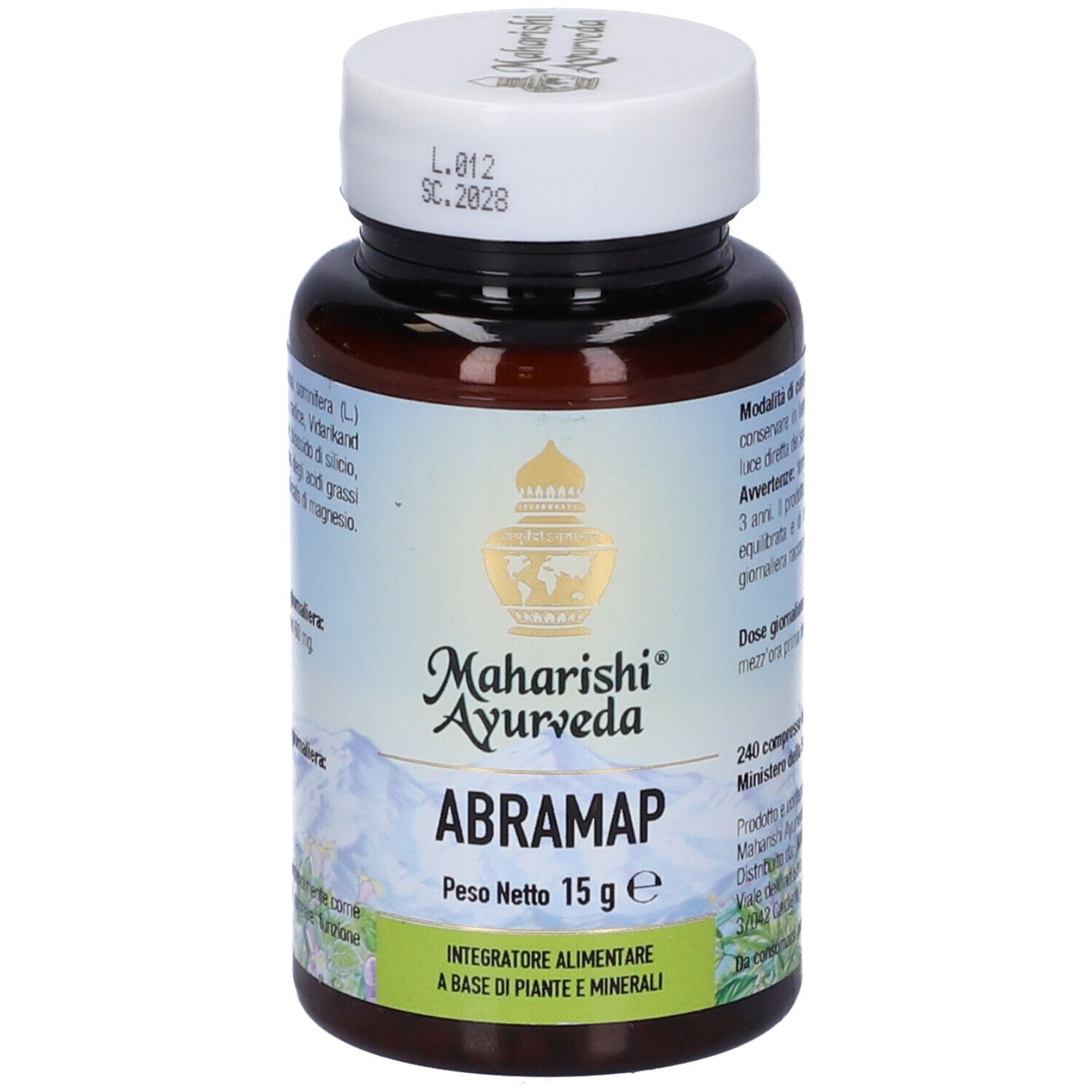 Flacone marrone di compresse con coperchio bianco. Scritta: Maharishi Ayurveda, Abramap, 240 compresse.