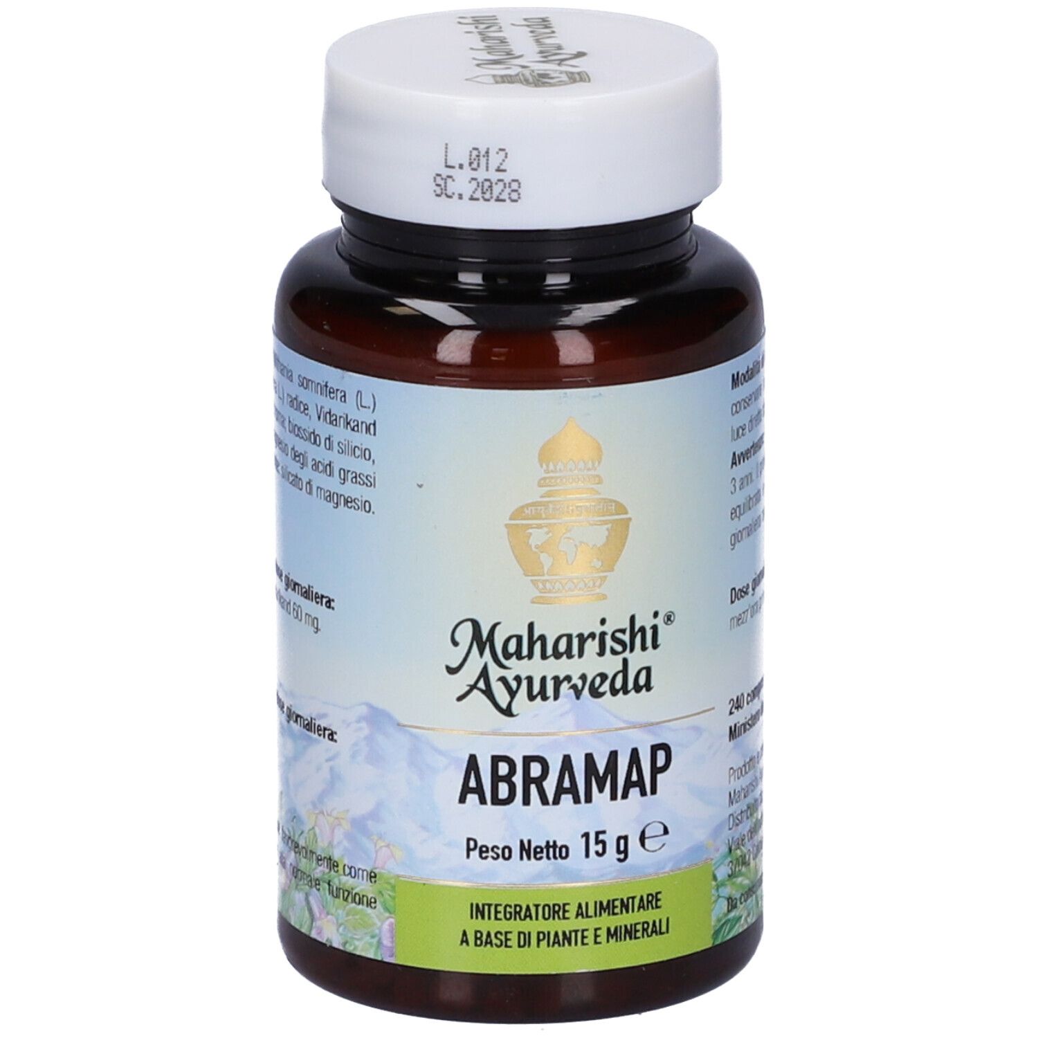 Flacone marrone di compresse con coperchio bianco. Scritta: Maharishi Ayurveda, Abramap, 240 compresse.