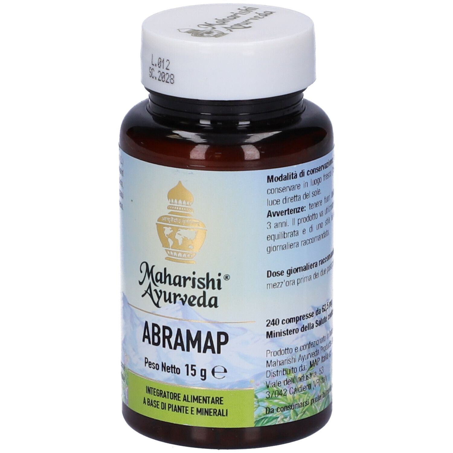Flacone marrone di compresse con coperchio bianco. Scritta: Maharishi Ayurveda, Abramap, 240 compresse.