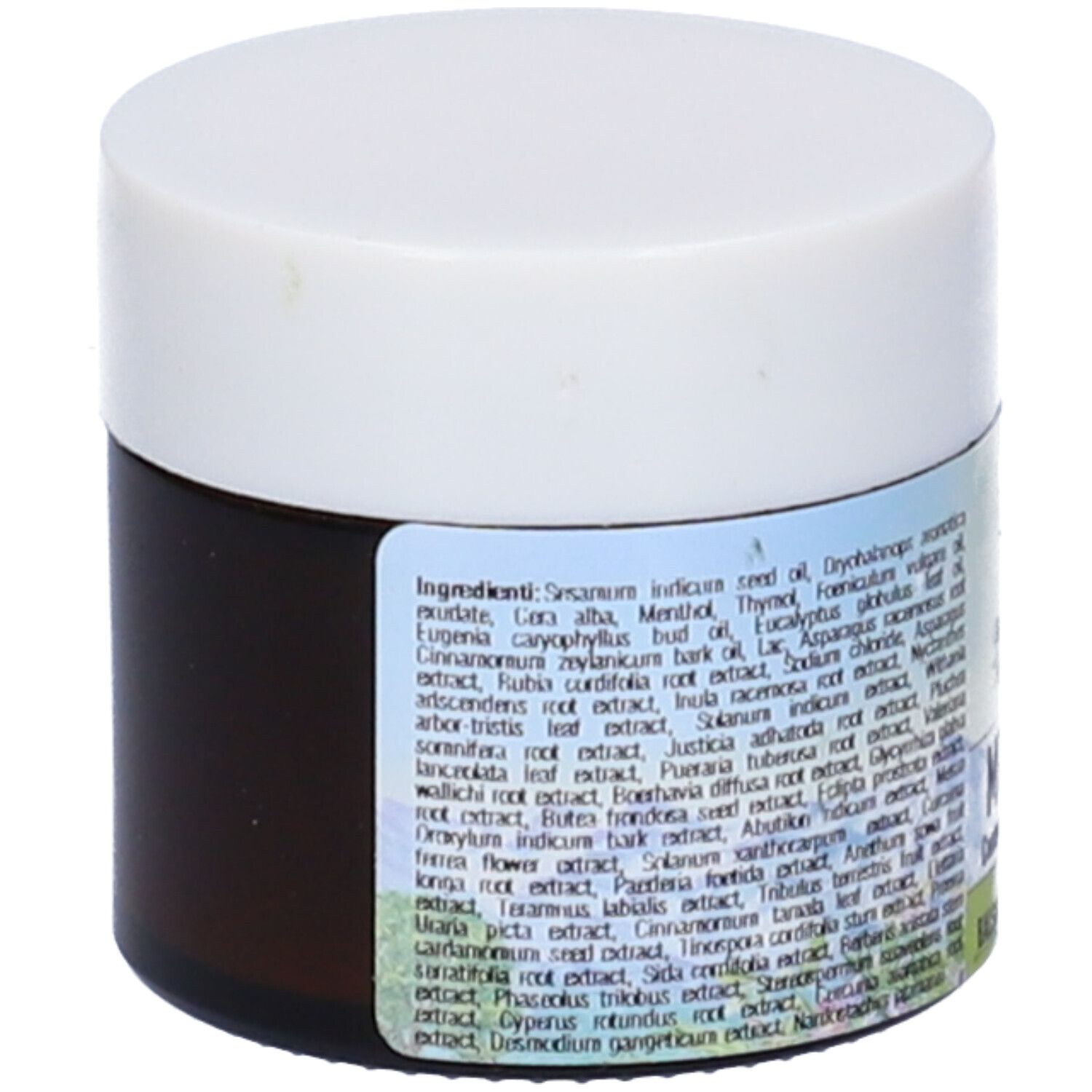 Vaso marrone con coperchio bianco. Etichetta con elenco ingredienti. Nome prodotto non visibile.