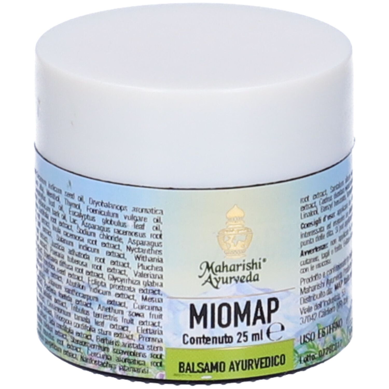 Vaso rotondo con coperchio bianco. Etichetta con testo e logo. Nome prodotto: Miomap Balsamo Ayurvedico.