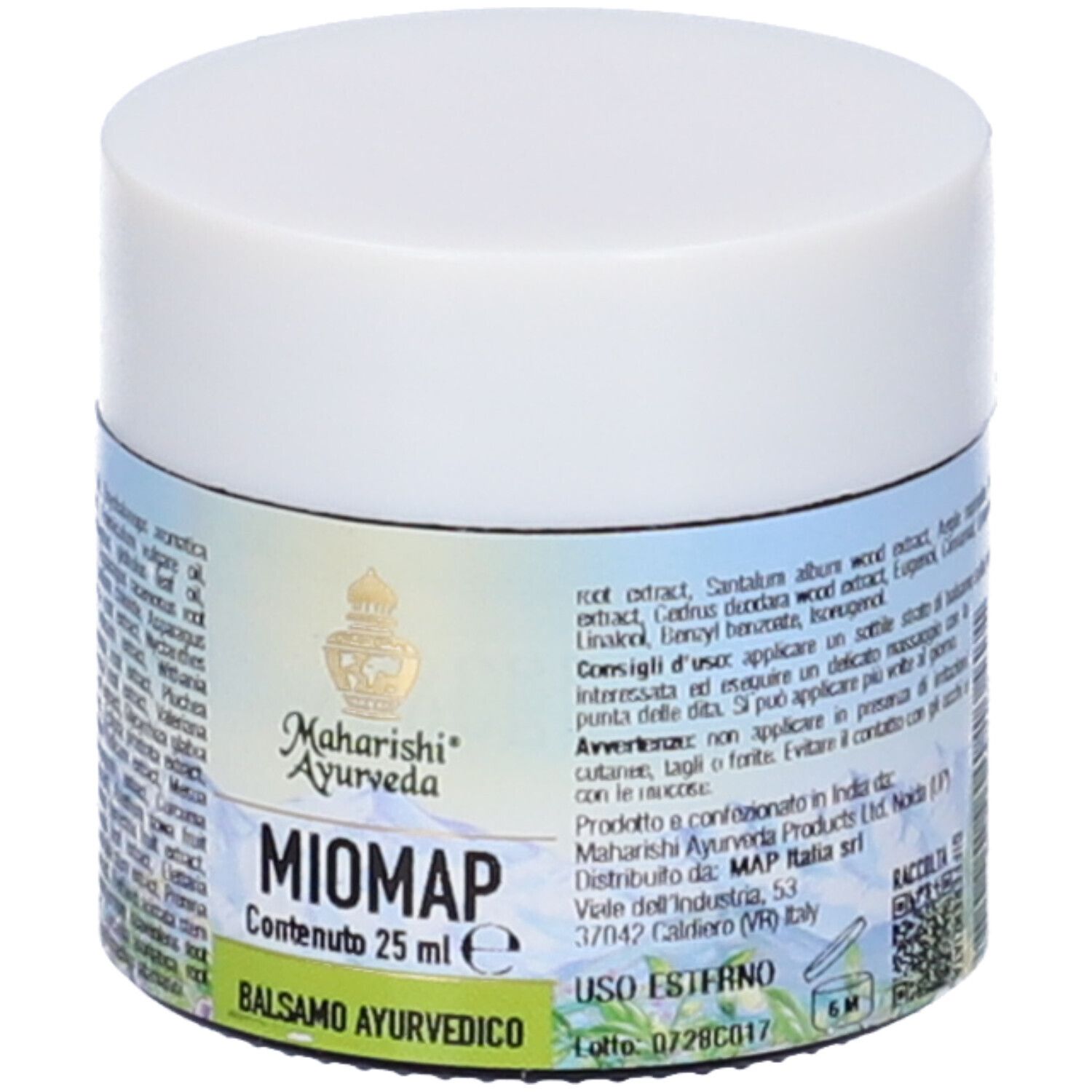 Vaso rotondo con coperchio bianco. Etichetta con testo e logo. Nome prodotto: Miomap Balsamo Ayurvedico.