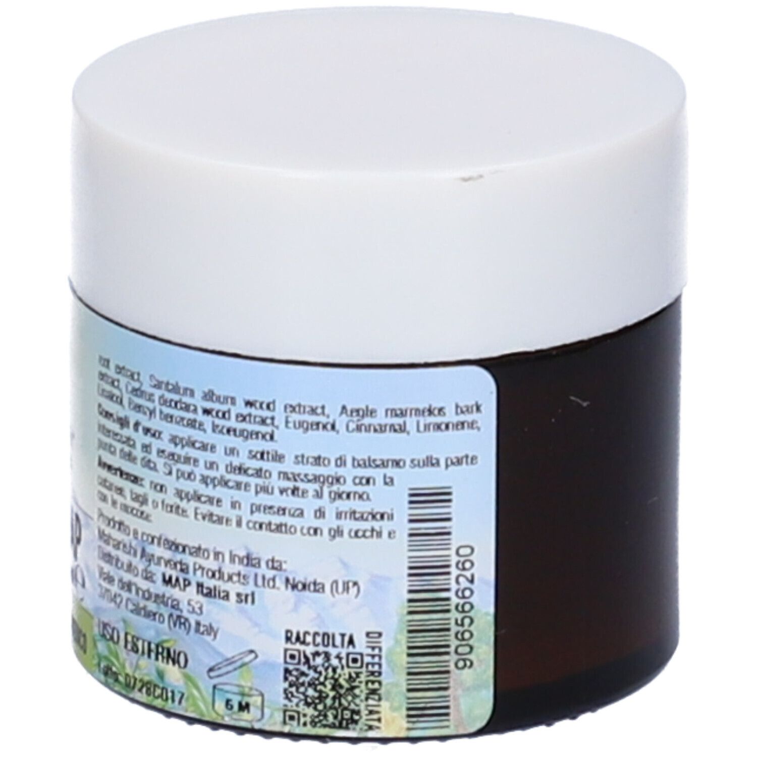 Vaso marrone con coperchio bianco. Etichetta con testo e logo. Nome prodotto: Miomap Balsamo Ayurvedico.