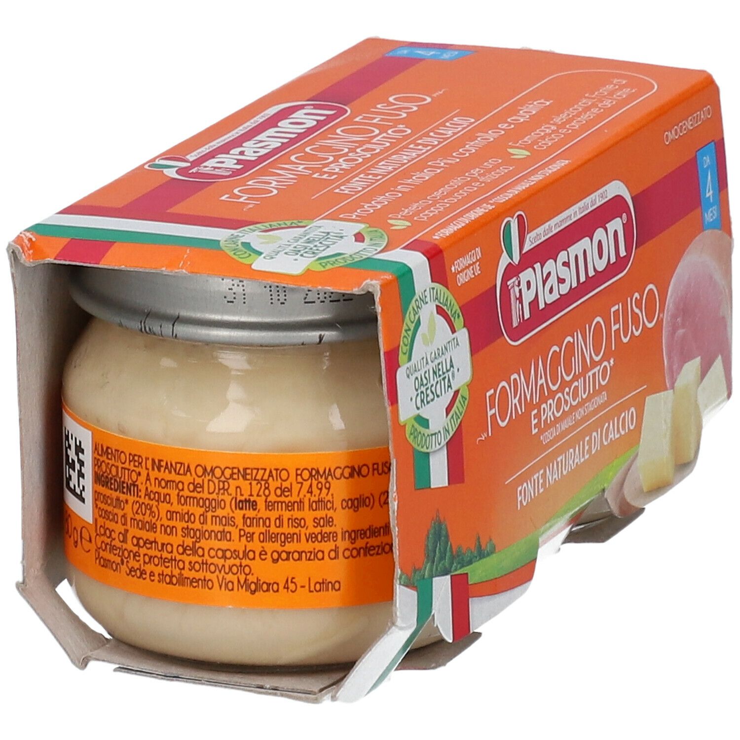 Confezione di Plasmon® Omogen g x 2. Un vasetto con contenuto e immagini di formaggio e prosciutto.