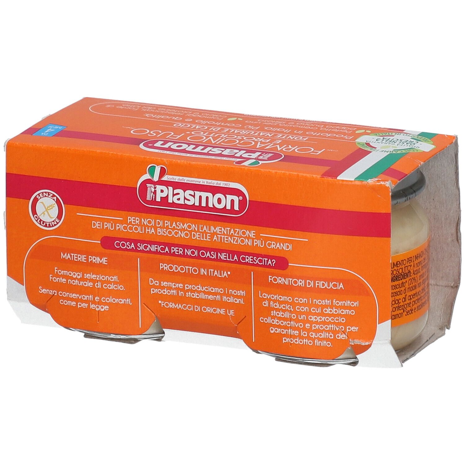 Confezione di Plasmon® Omogen g x 2. Due vasetti con contenuto e informazioni sul prodotto.