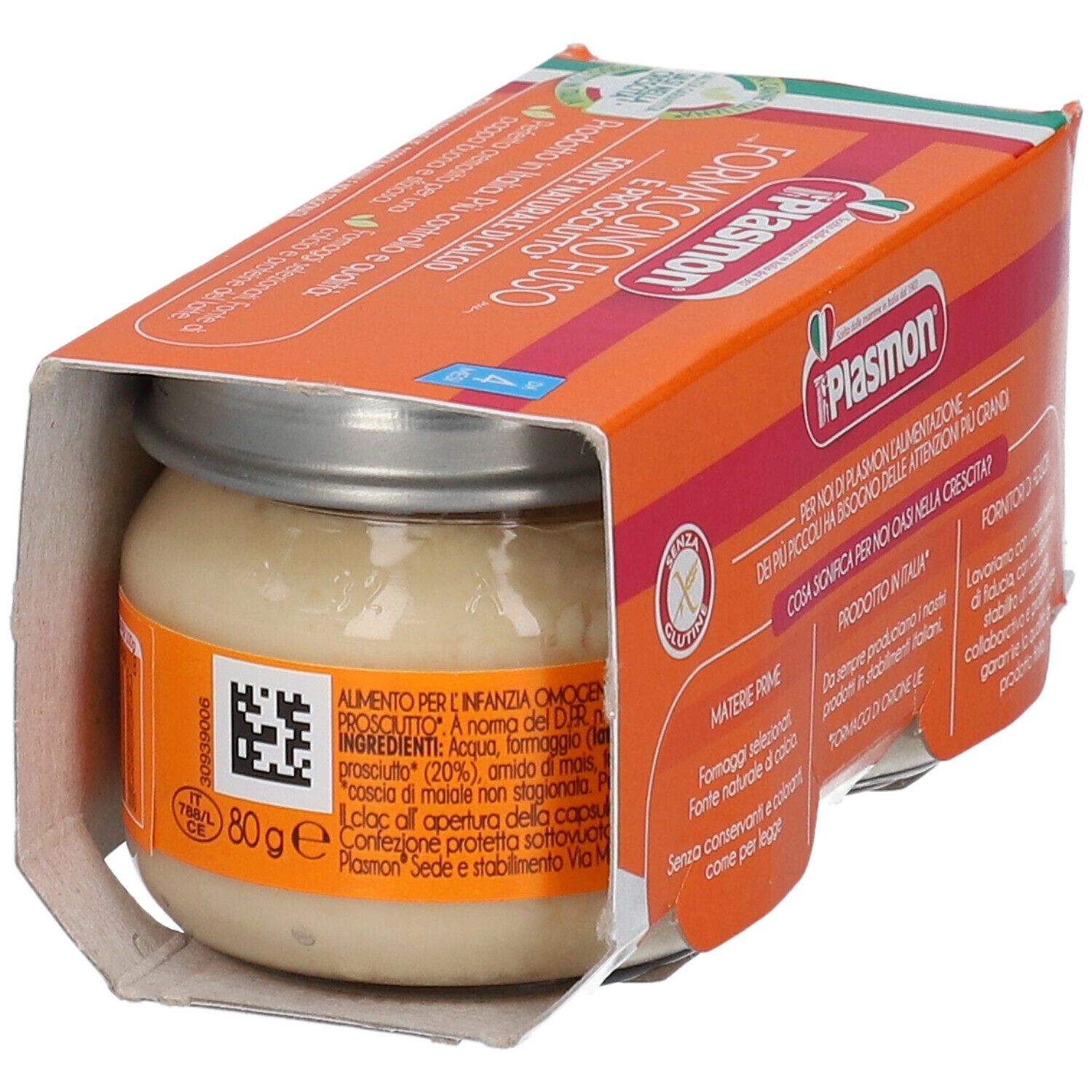 Confezione di Plasmon® Omogen g x 2. Un vasetto con contenuto e informazioni sul prodotto.