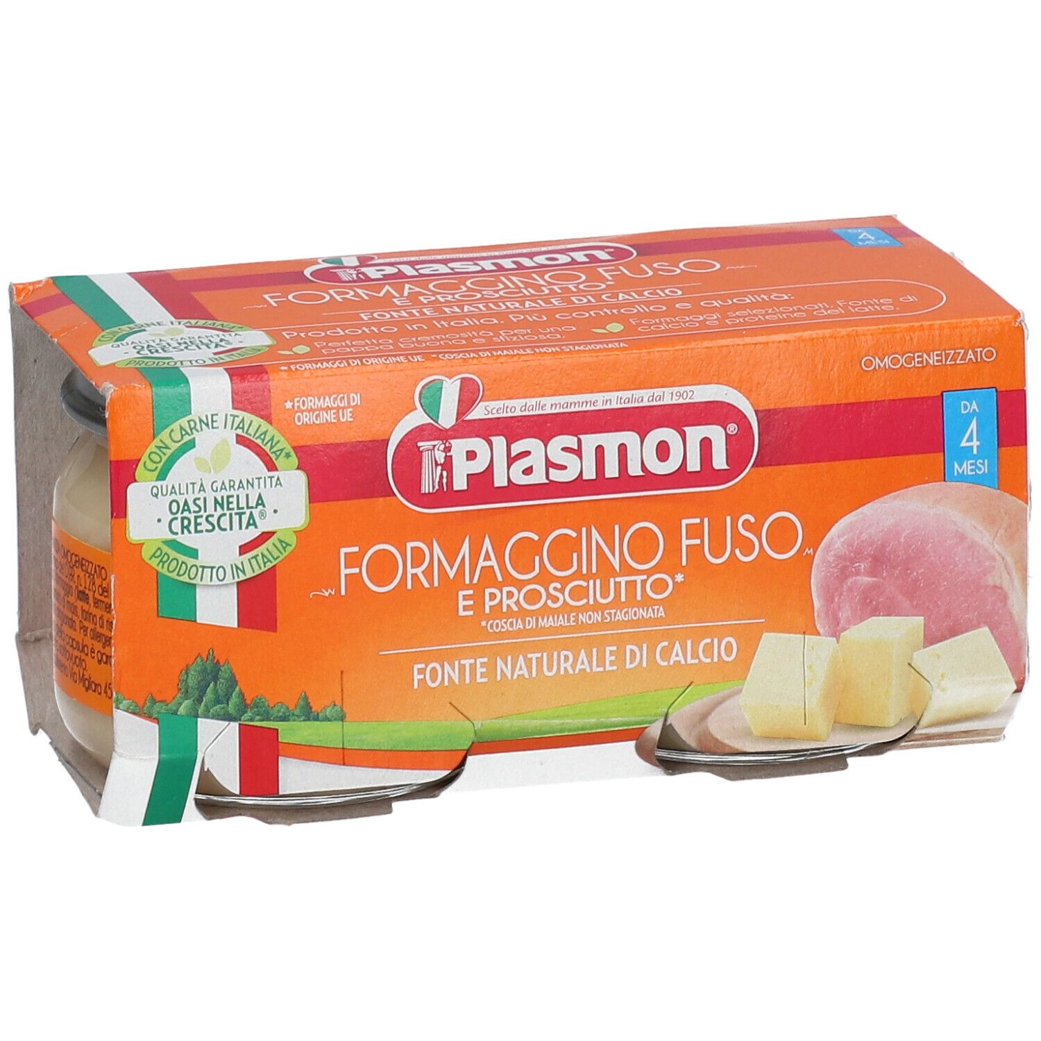 Confezione di Plasmon® Omogen g x 2. Un vasetto con contenuto e immagini di formaggio e prosciutto.