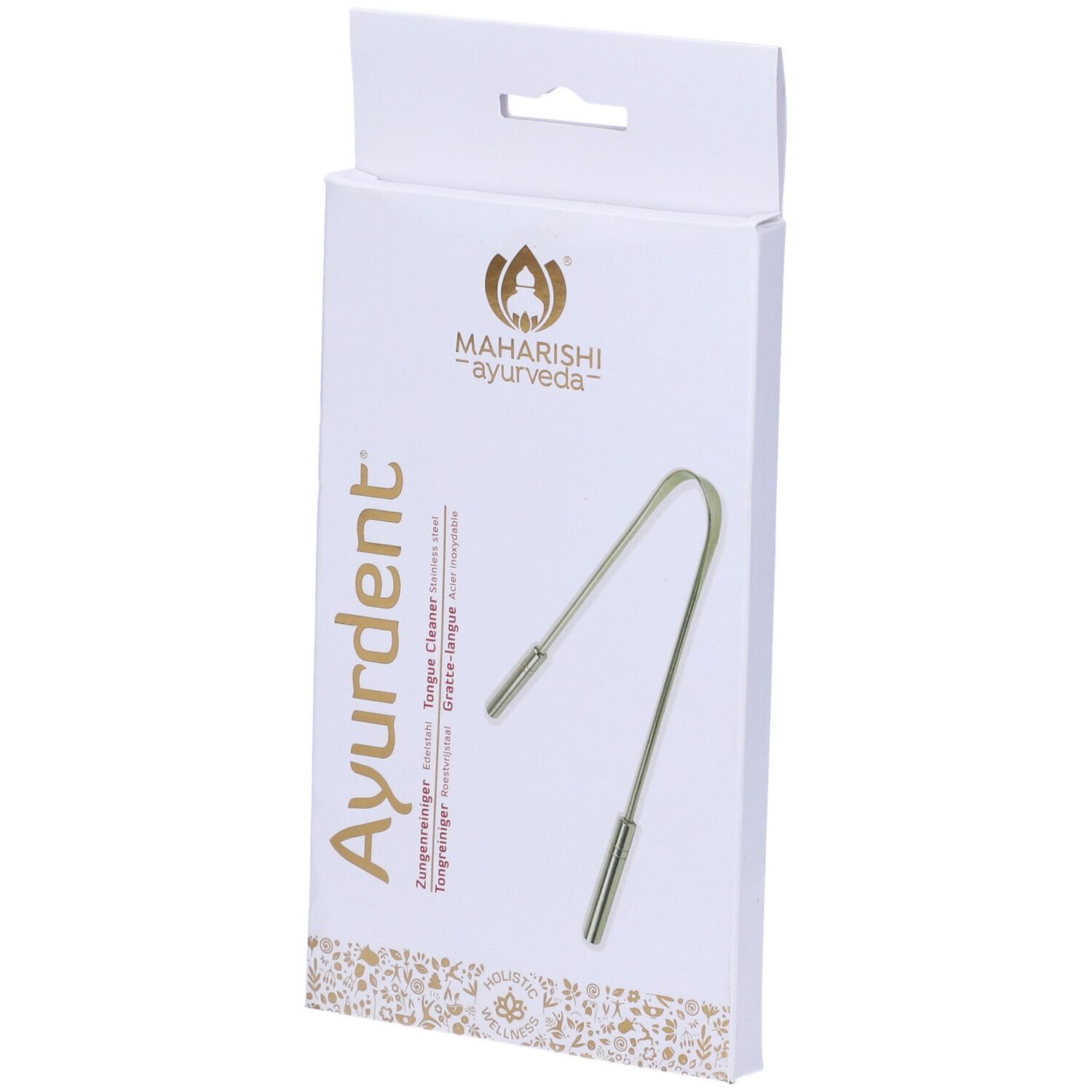 Confezione con pulitore linguale. Scritta: Ayurdent, Maharishi Ayurveda. Pulitore linguale color metallo visibile.