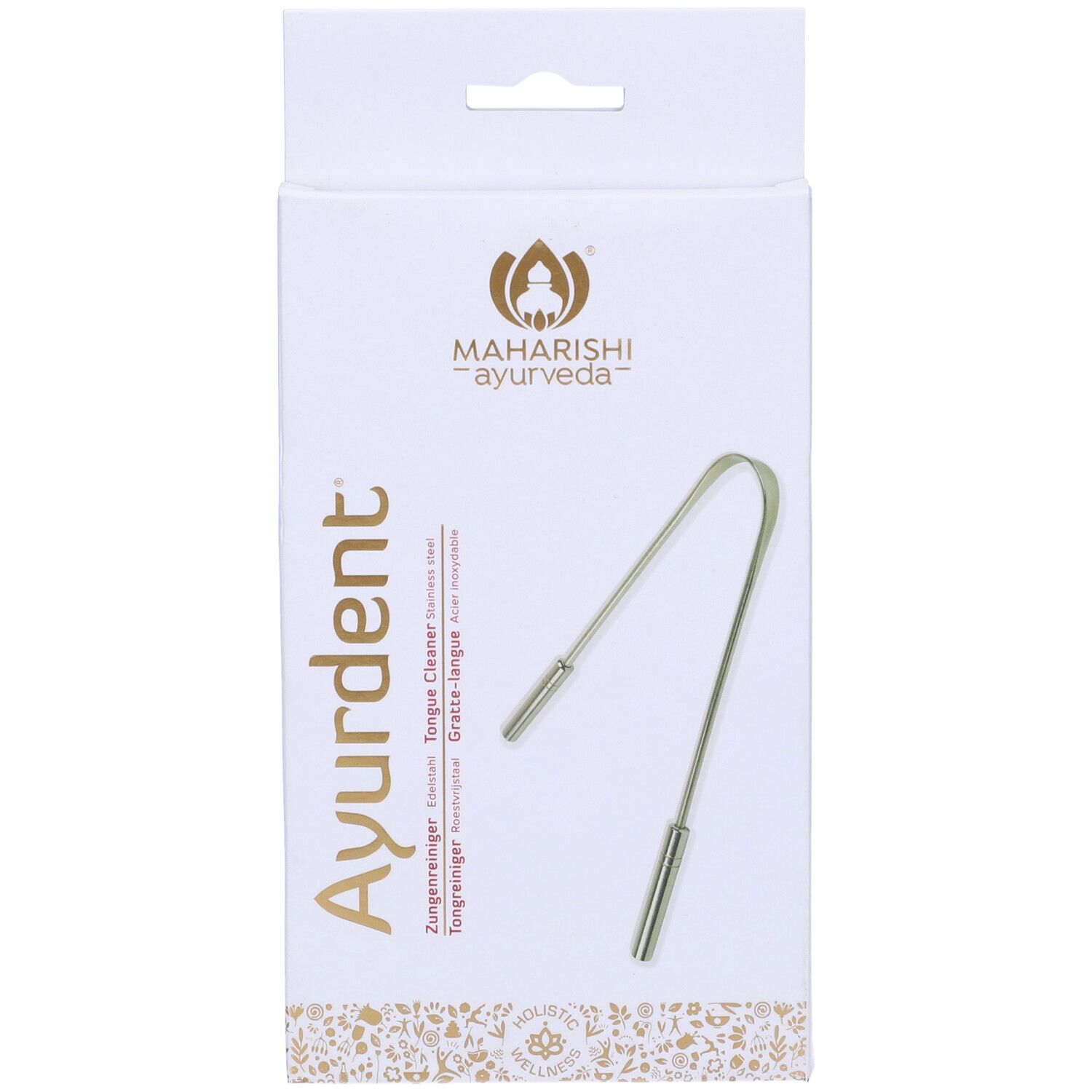 Confezione con pulitore linguale. Scritta: Ayurdent, Maharishi Ayurveda. Pulitore linguale in metallo.