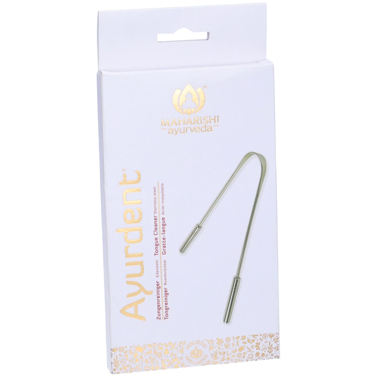 Confezione con pulitore linguale. Scritta: Ayurdent, Maharishi Ayurveda. Pulitore linguale in metallo.