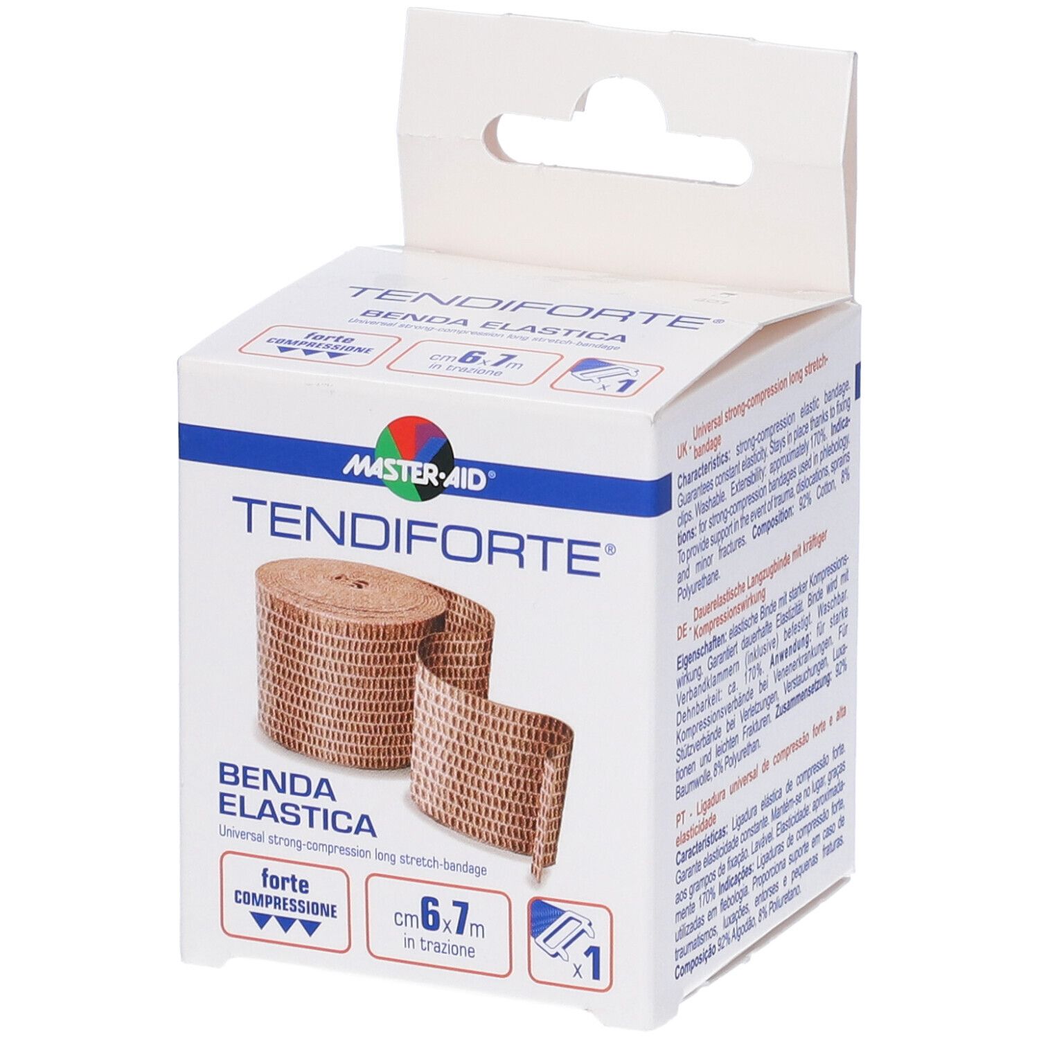 Confezione di benda elastica Tendiforte, marchio Master-Aid. Benda marrone arrotolata. Dimensioni: 6,7m. Informazioni sulla confezione.