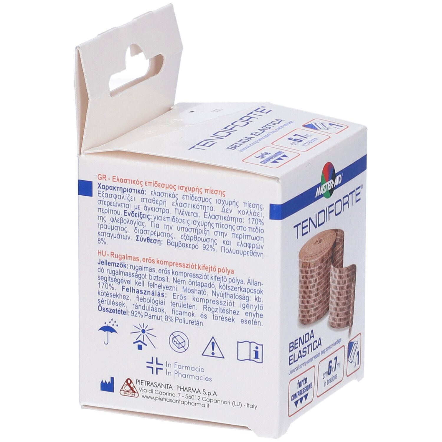 Confezione di benda elastica Tendiforte, marchio Master-Aid. Benda marrone arrotolata. Dimensioni: 6,7m. Informazioni sulla confezione.