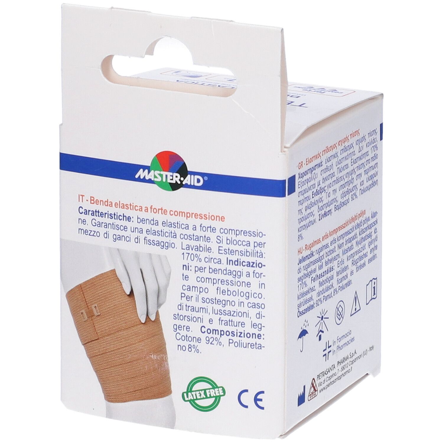 Confezione di benda elastica Tendiforte, marchio Master-Aid. Benda marrone arrotolata. Dimensioni: 6,7m. Informazioni sulla confezione.