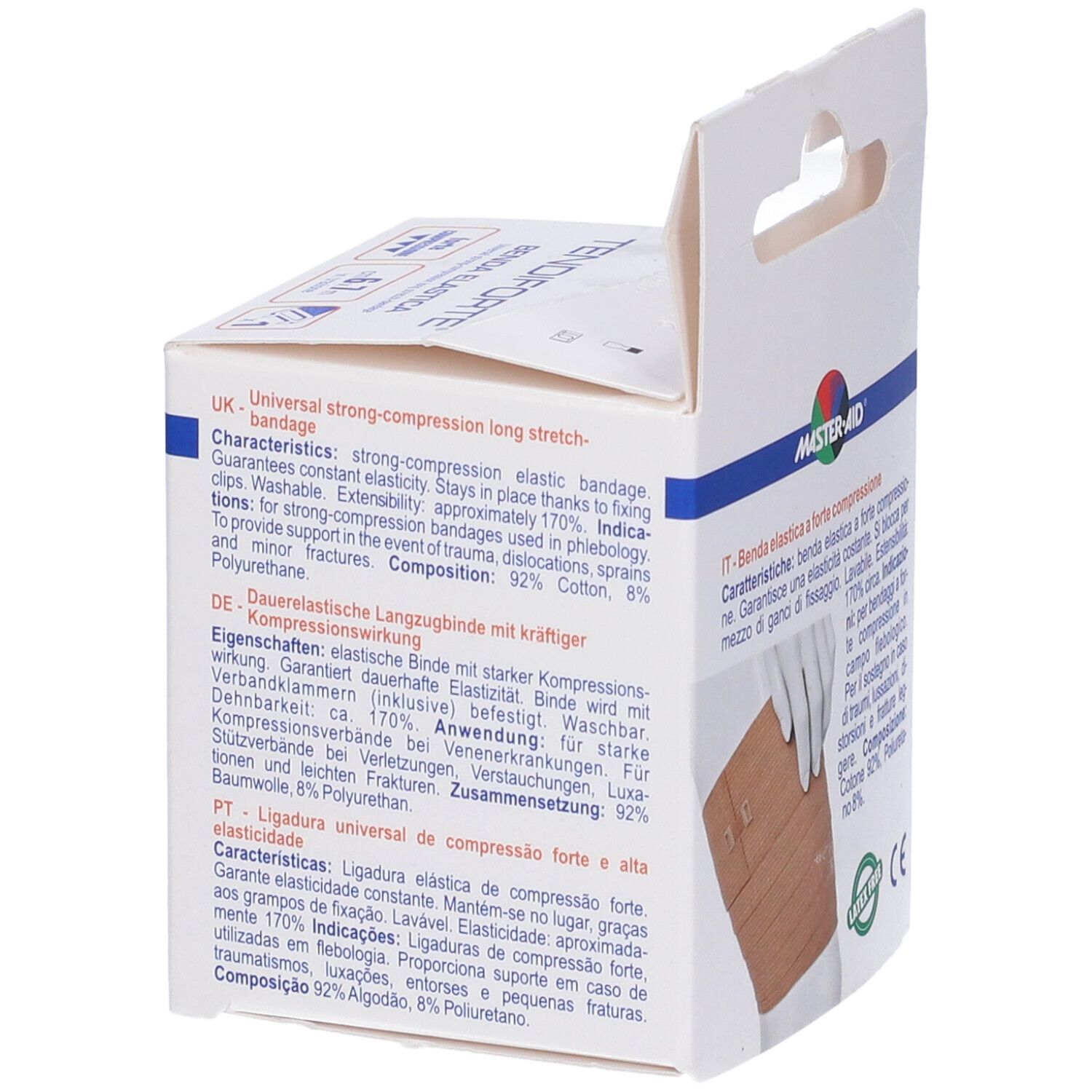 Confezione di benda elastica Tendiforte, marchio Master-Aid. Benda marrone arrotolata. Dimensioni: 6,7m. Informazioni sulla confezione.