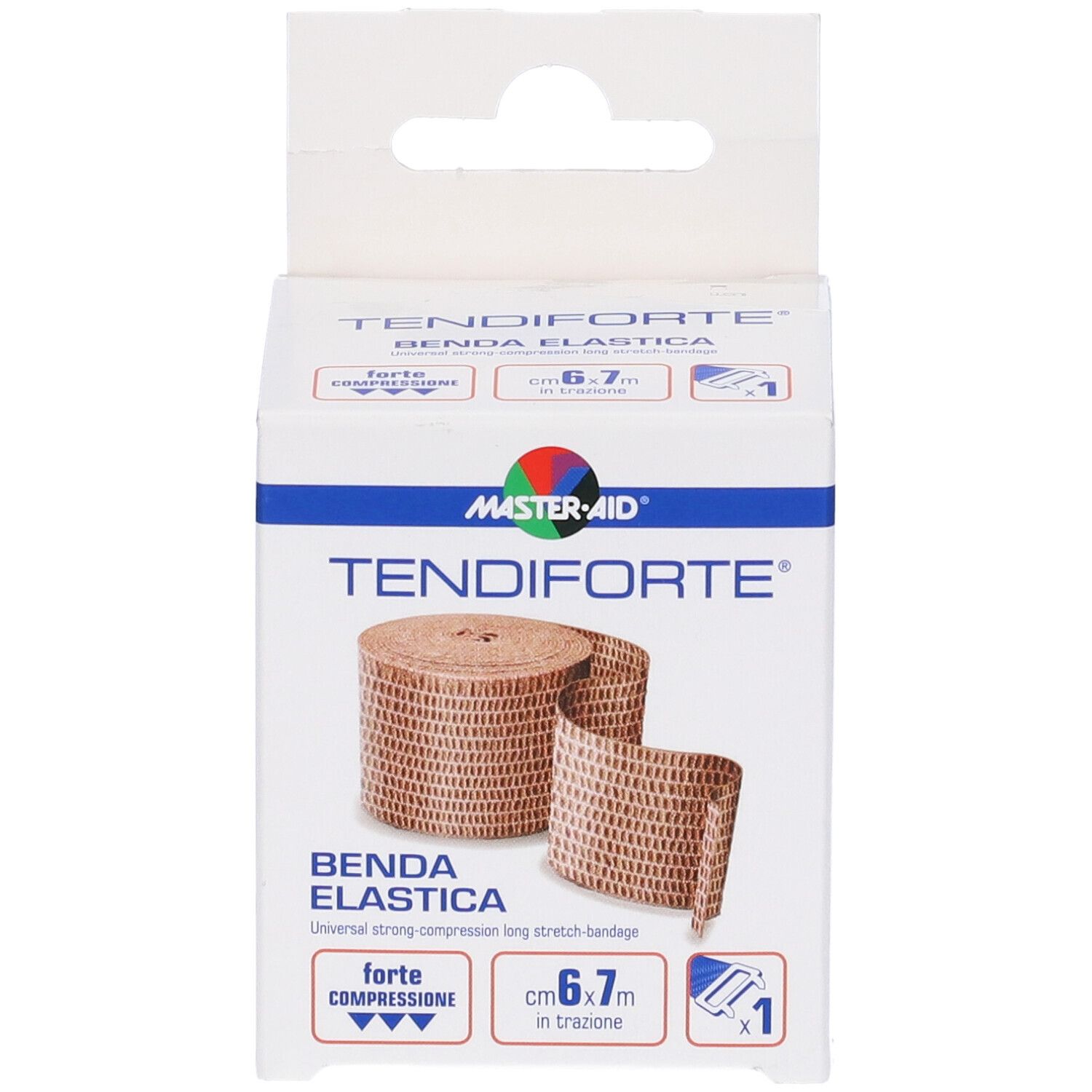 Confezione di benda elastica Tendiforte, marchio Master-Aid. Benda marrone arrotolata. Dimensioni: 6,7m. Informazioni sulla confezione.