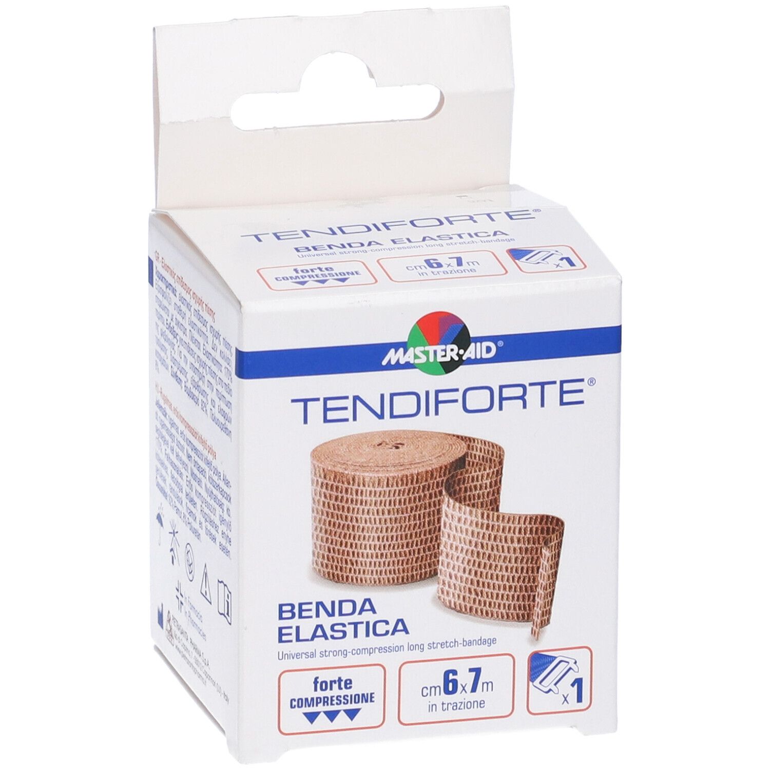 Confezione di benda elastica Tendiforte, marchio Master-Aid. Benda marrone arrotolata. Dimensioni: 6,7m. Informazioni sulla confezione.