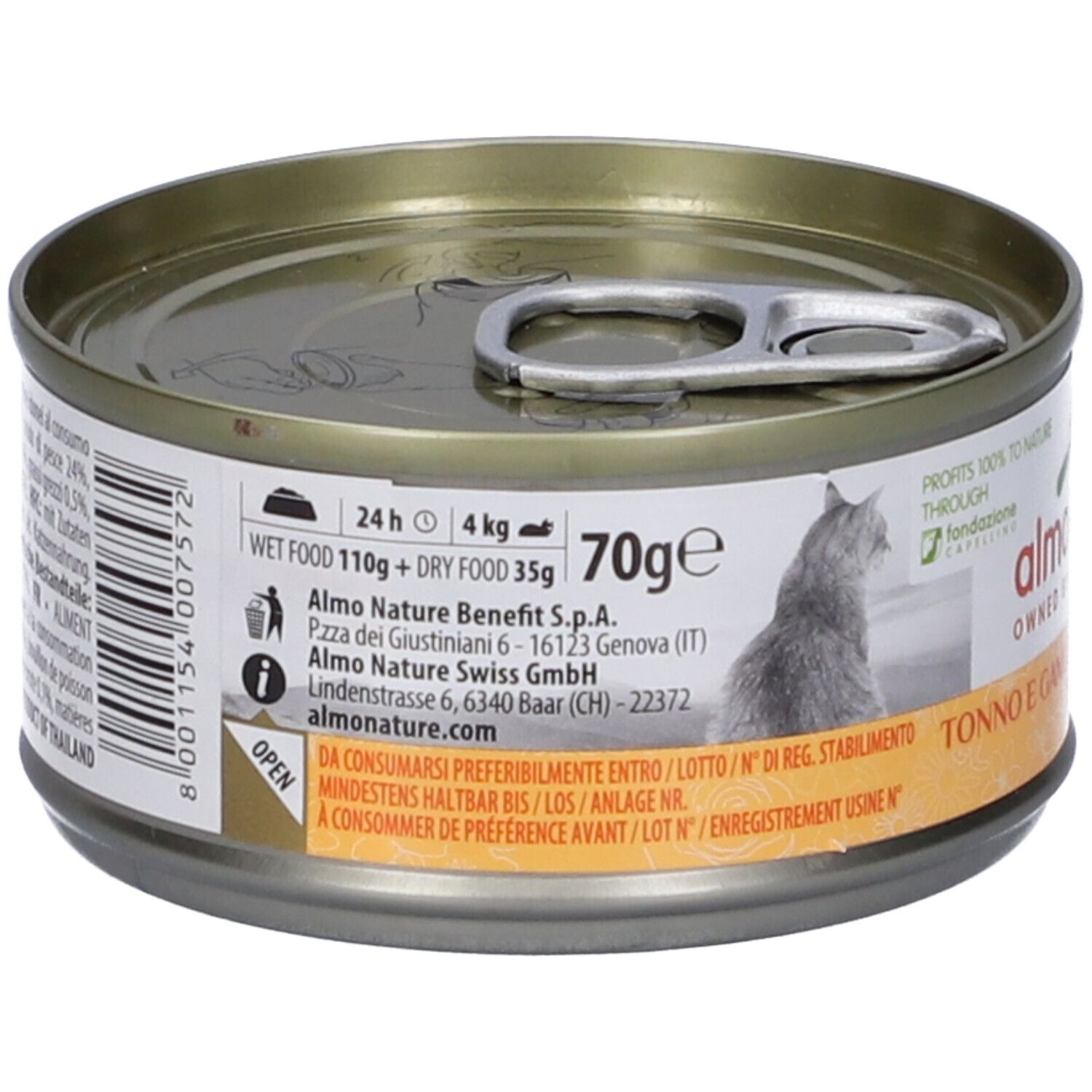 Lattina HFC Natural Tonno e Gamberetti. Etichetta con informazioni. 70g. Logo Almo Nature. Coperchio con linguetta.
