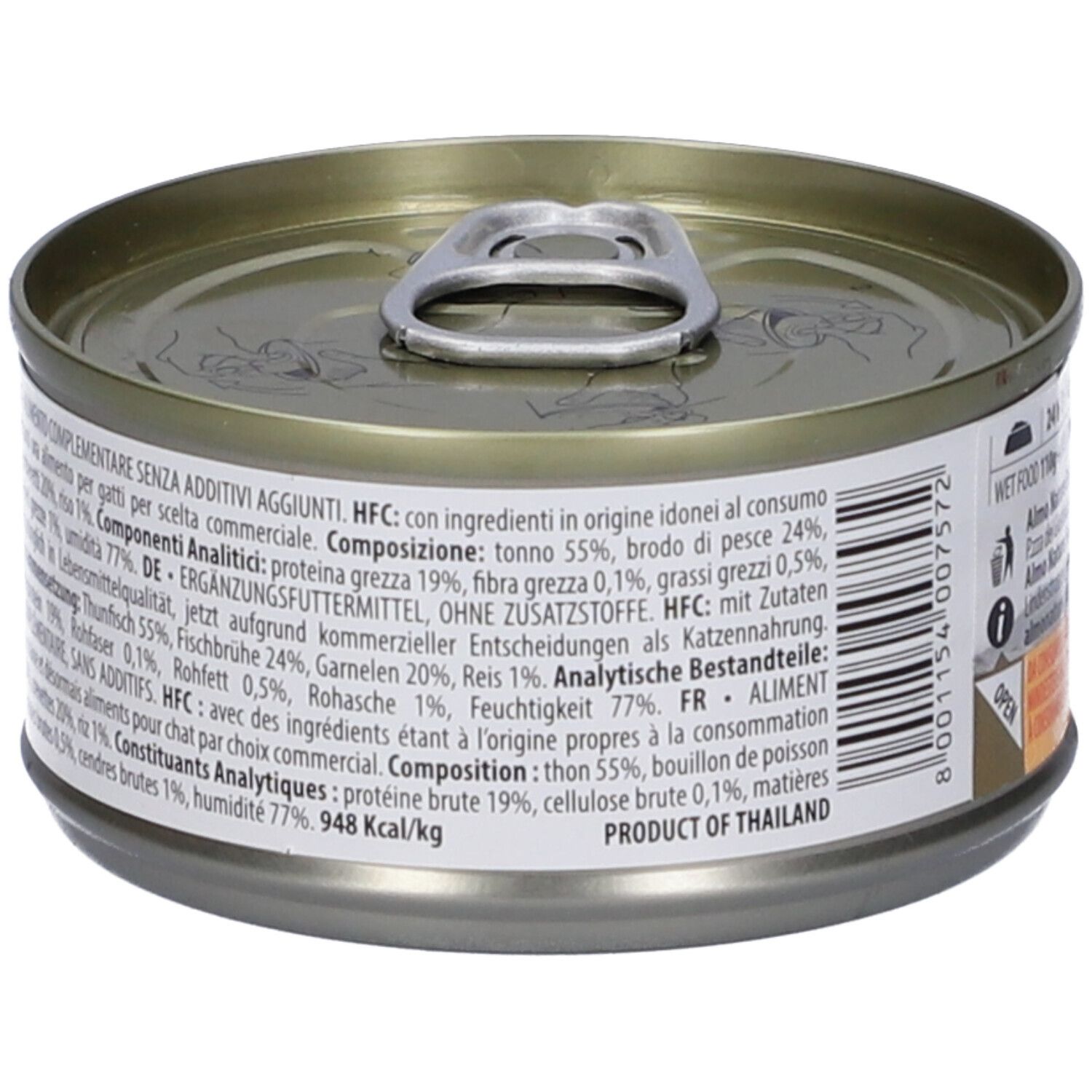 Lattina HFC Natural Tonno e Gamberetti. Etichetta con ingredienti. Coperchio con linguetta. Prodotto in Thailandia.