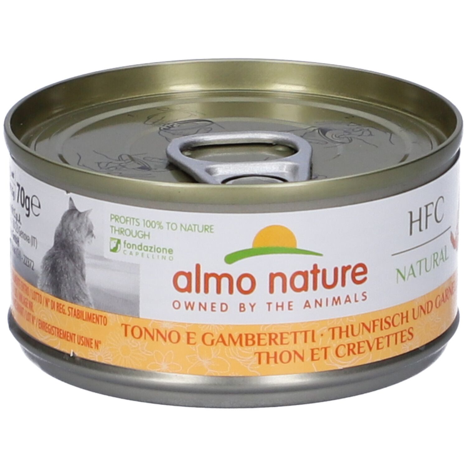 Lattina HFC Natural Tonno e Gamberetti. Etichetta con logo e testo. 70g. Coperchio con linguetta.