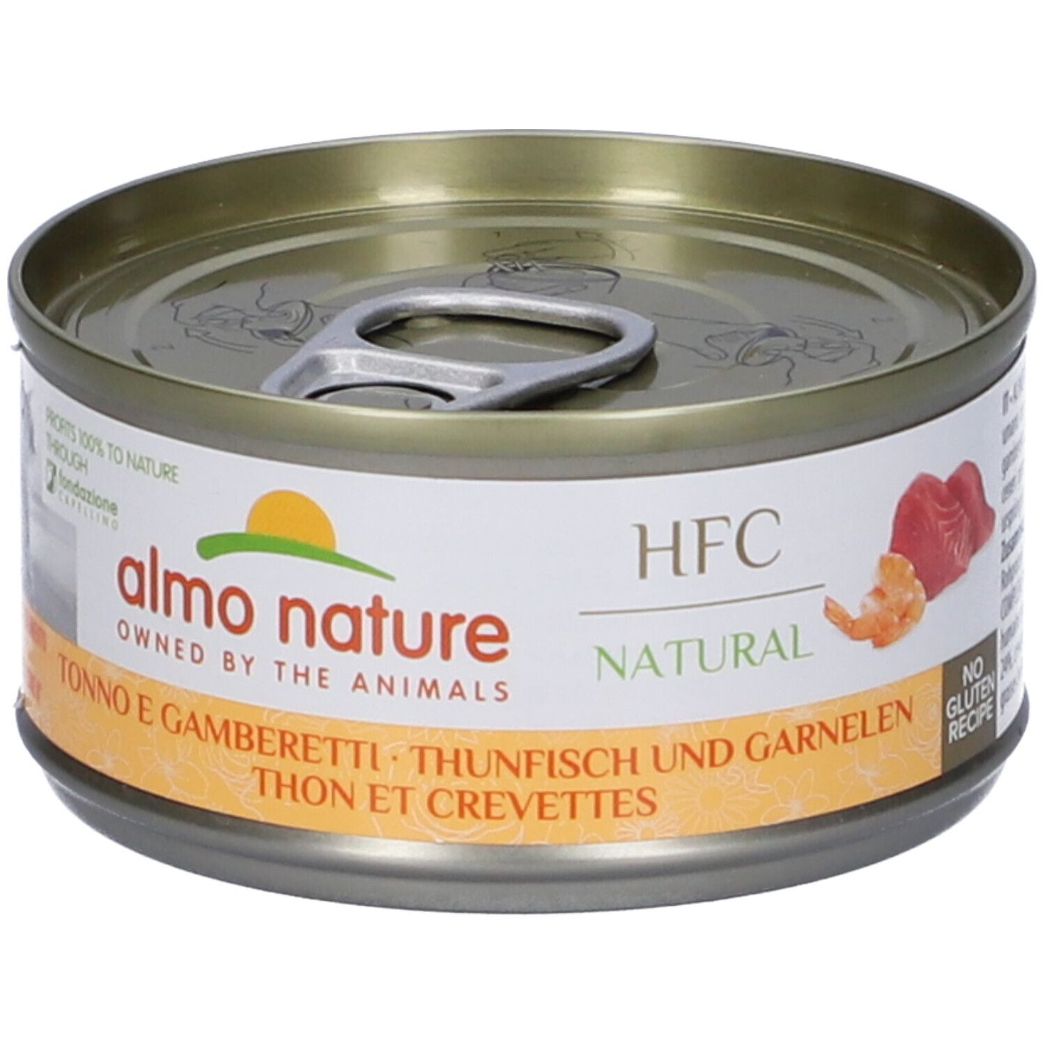 Lattina HFC Natural Tonno e Gamberetti. Etichetta con logo, testo e immagine. Coperchio con linguetta. Senza glutine.