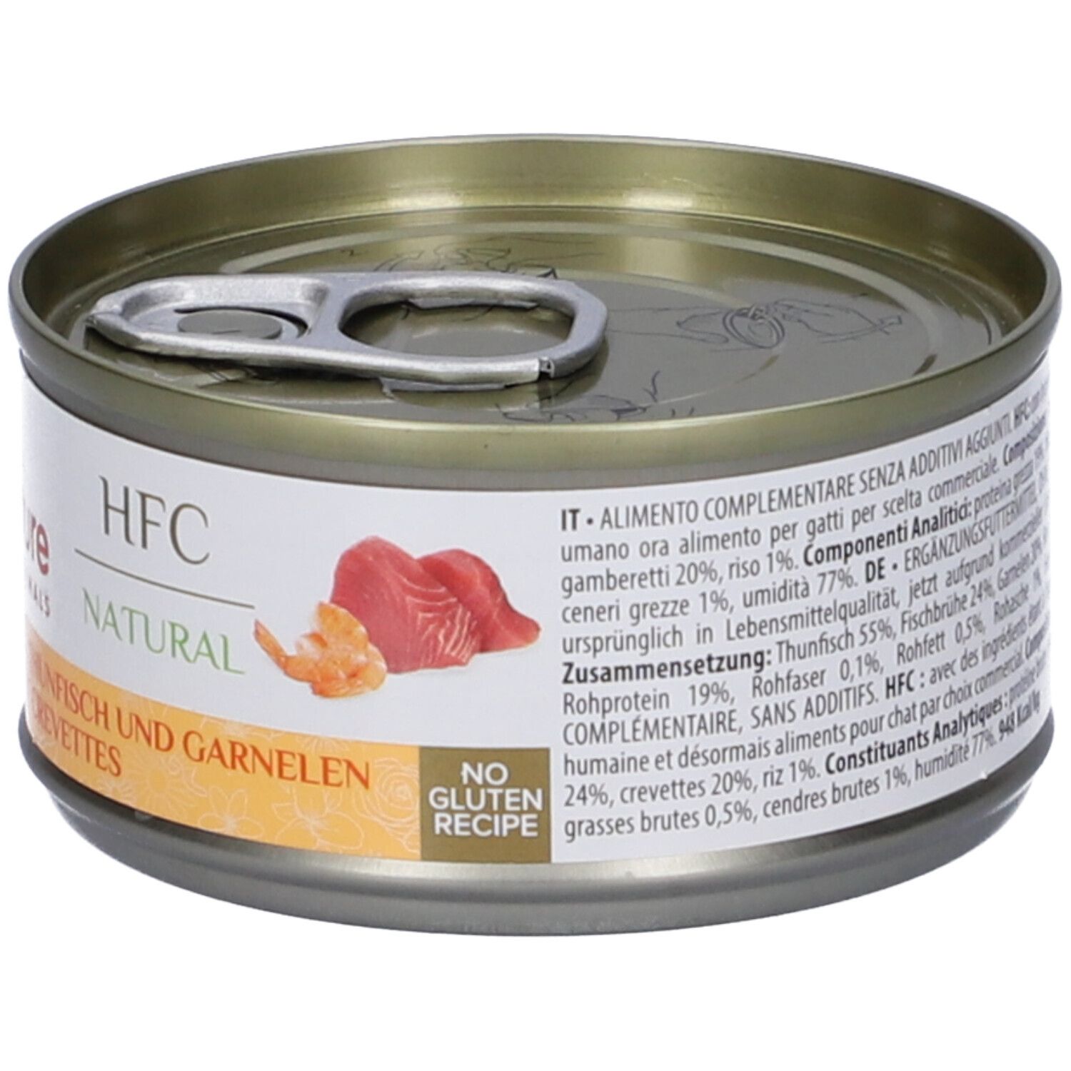 Lattina HFC Natural Tonno e Gamberetti. Etichetta con testo, immagine e ingredienti. Senza glutine.