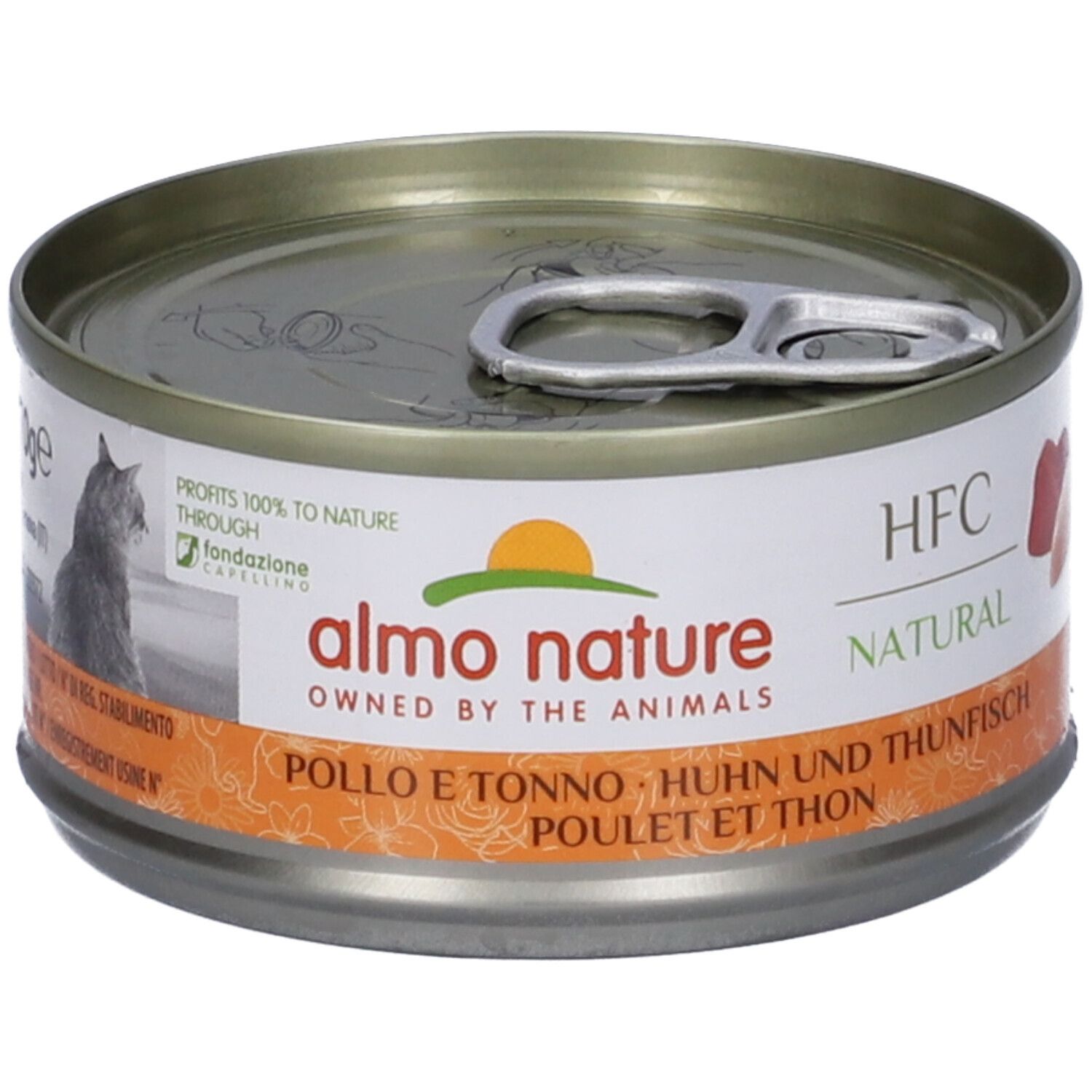 Lattina metallica rotonda con linguetta. Etichetta con logo, testo e gatto. Scritta: Pollo e Tonno, HFC Natural.