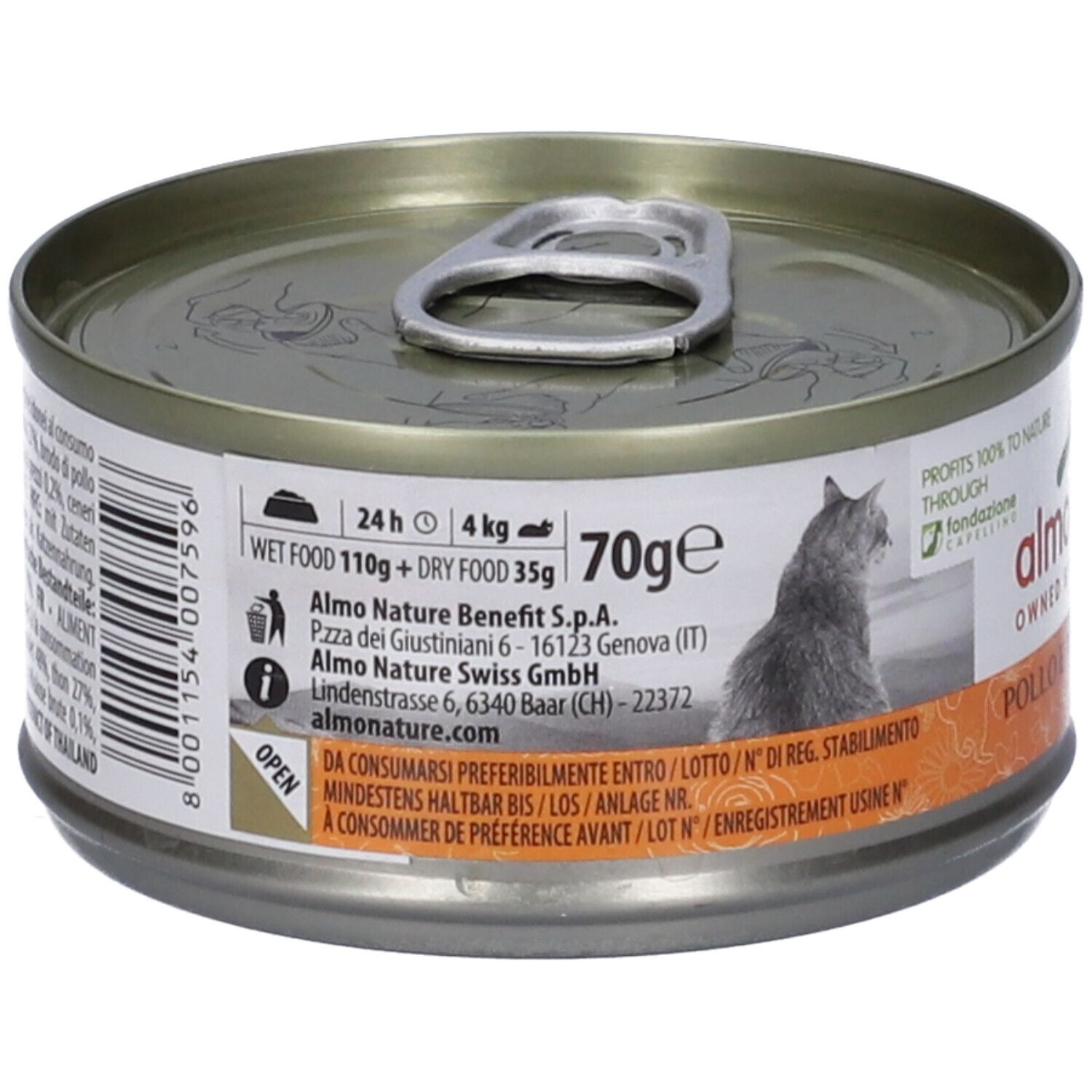 Lattina metallica rotonda con linguetta. Etichetta con testo e gatto. Scritta: 70g, Almo Nature. Informazioni sull'alimentazione.