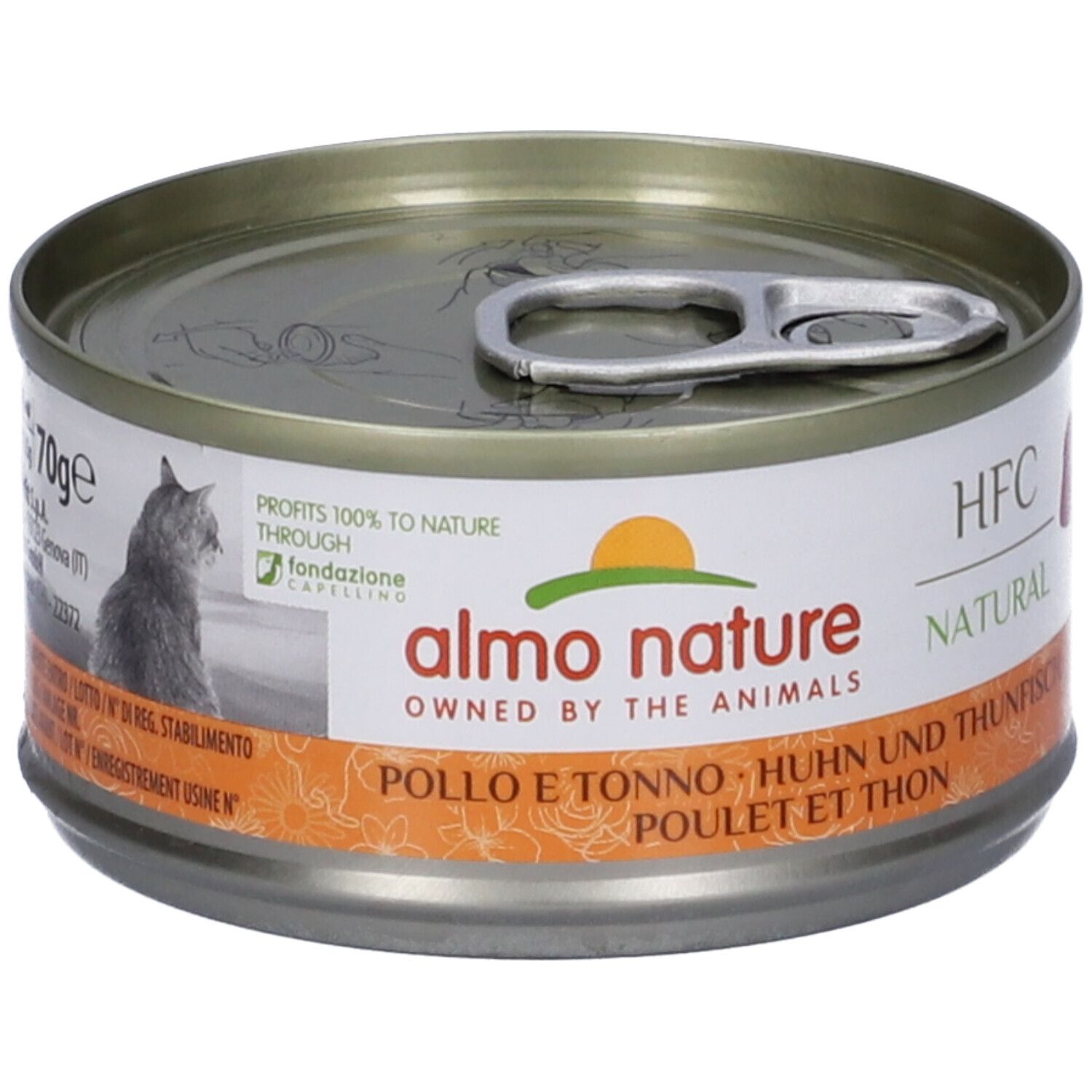 Lattina metallica rotonda con linguetta. Etichetta con logo, testo e gatto. Scritta: 70g, HFC Natural, Pollo e Tonno.