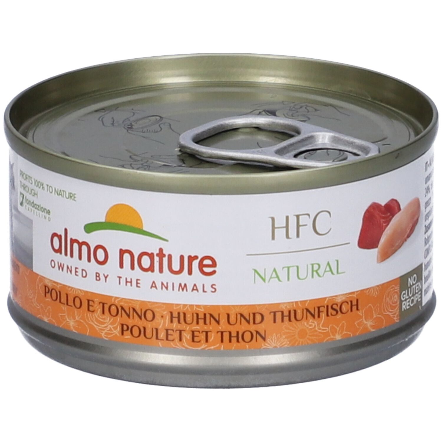 Lattina metallica rotonda con linguetta. Etichetta con logo, testo e illustrazioni. Scritta: HFC Natural, Pollo e Tonno, senza glutine.
