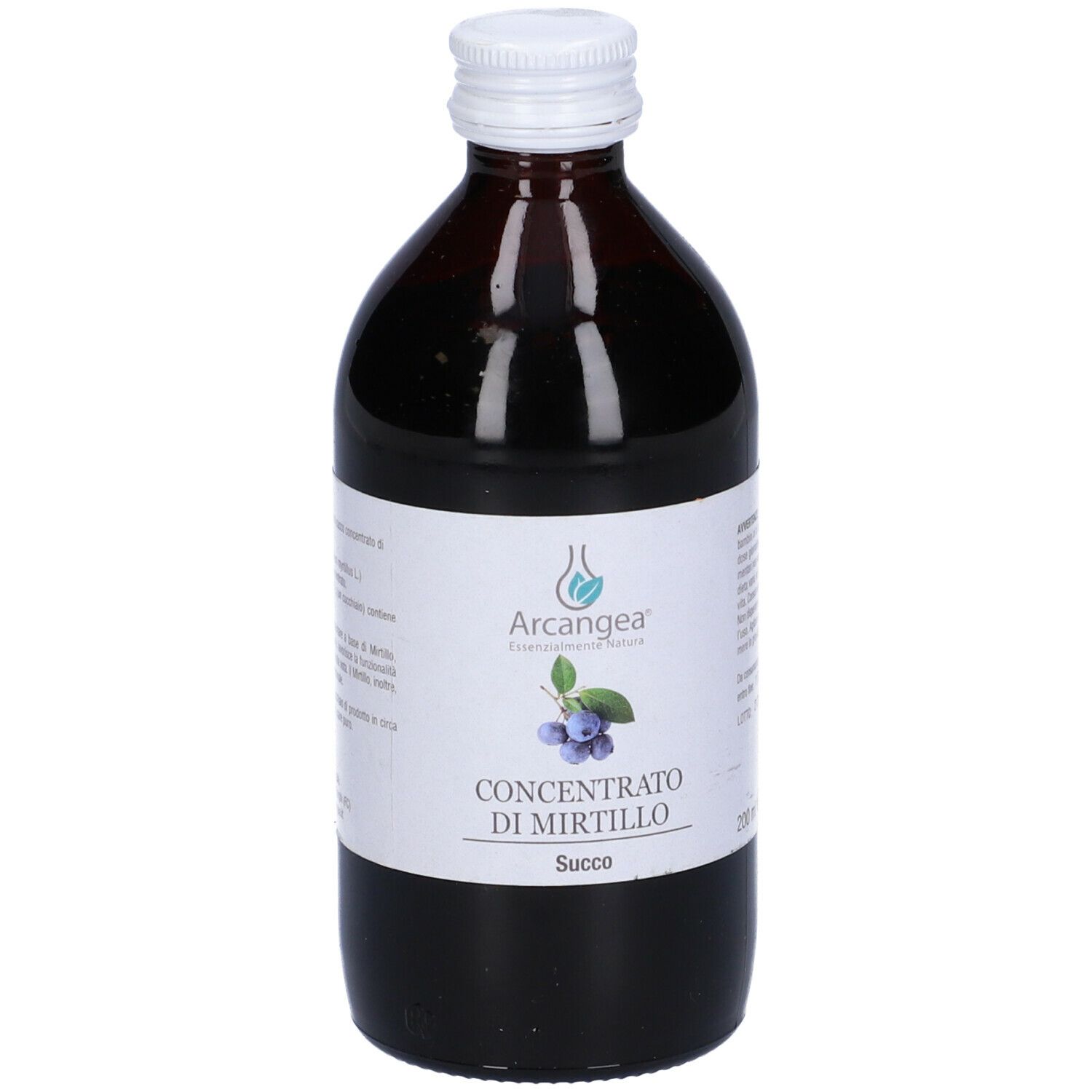 Bottiglia di vetro marrone con tappo bianco. Etichetta con nome del prodotto: Concentrato di Mirtillo. 200 ml.