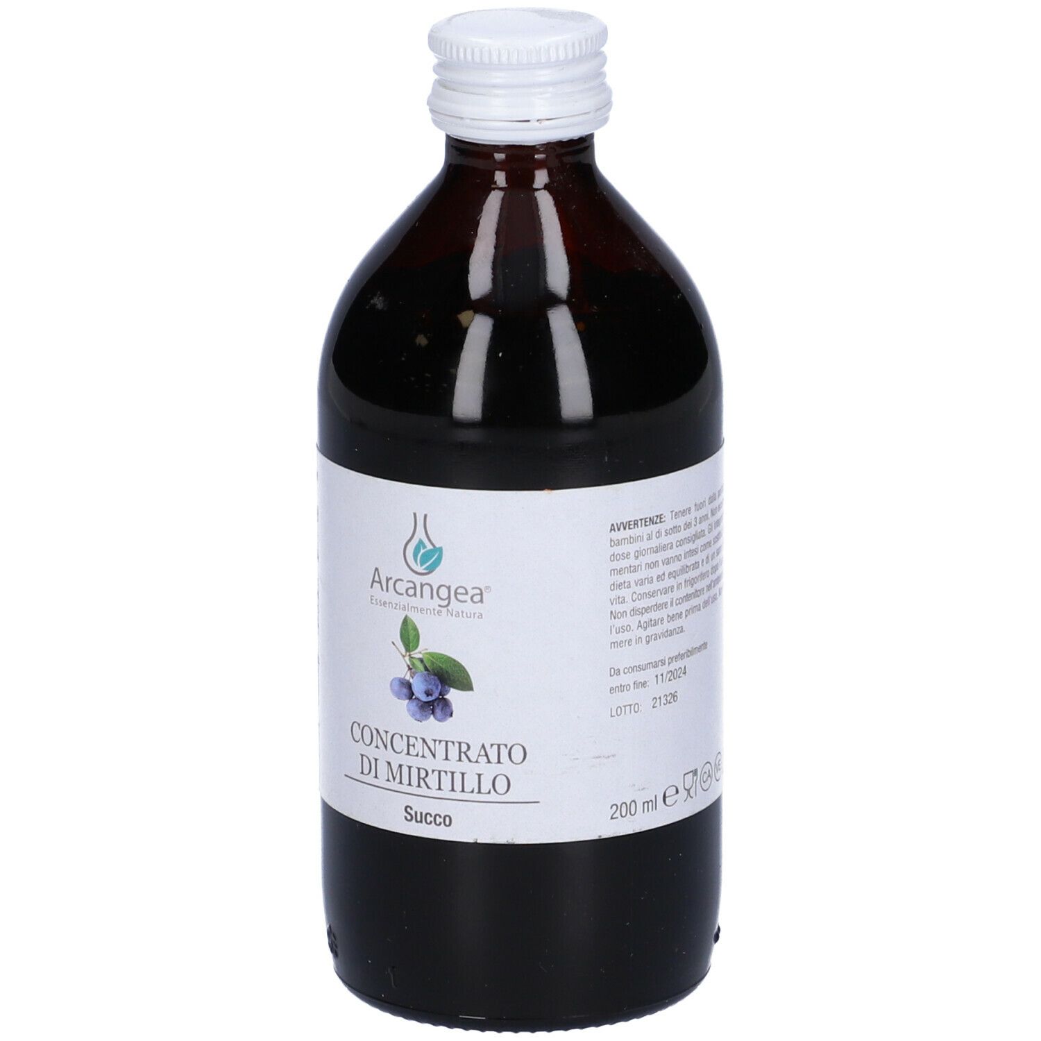 Bottiglia di vetro marrone con tappo bianco. Etichetta con informazioni sul prodotto. 200 ml. Vista posteriore.