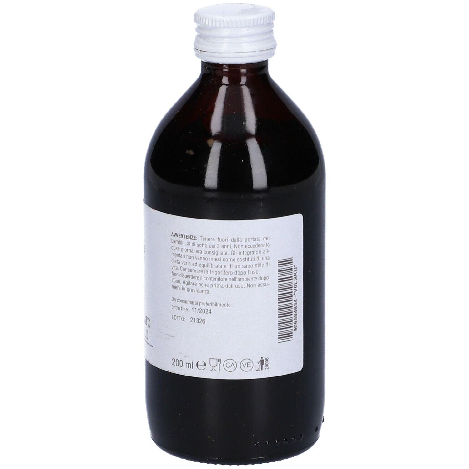 Bottiglia di vetro marrone con tappo bianco. Etichetta con informazioni sul prodotto. 200 ml. Vista posteriore.