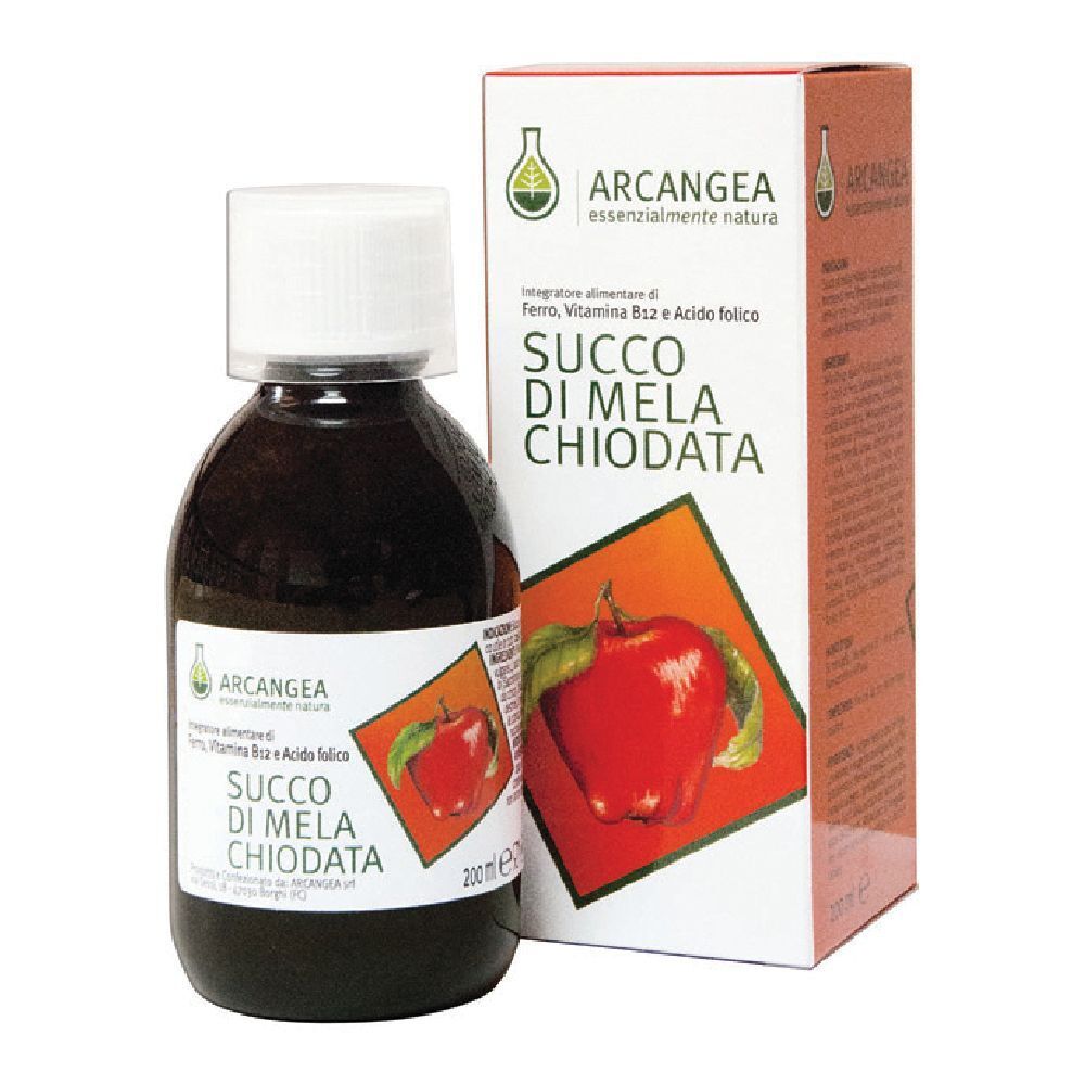 Liquido marrone in bottiglia con tappo bianco, accanto a scatola con illustrazione di mela e testo.