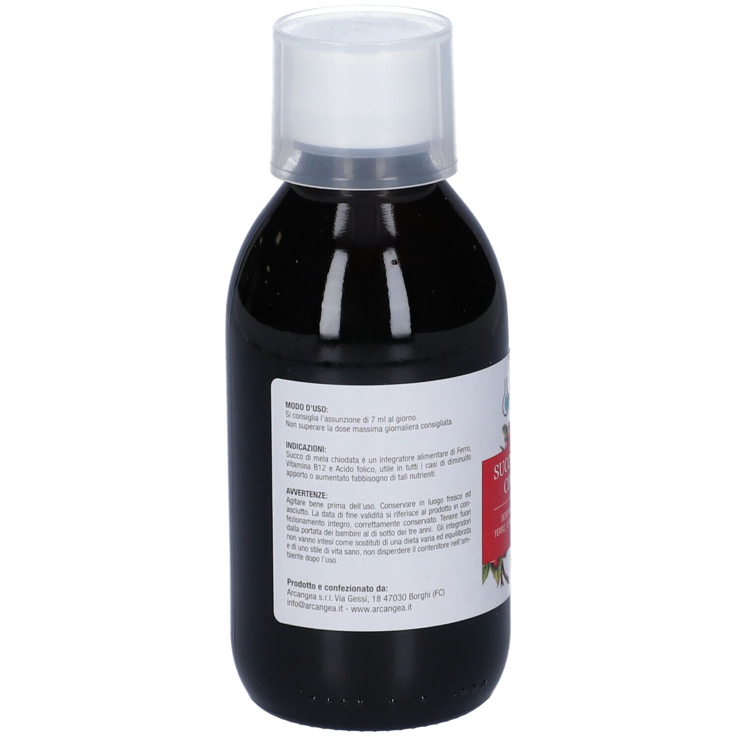 Liquido marrone in bottiglia con tappo bianco. Etichetta con testo.