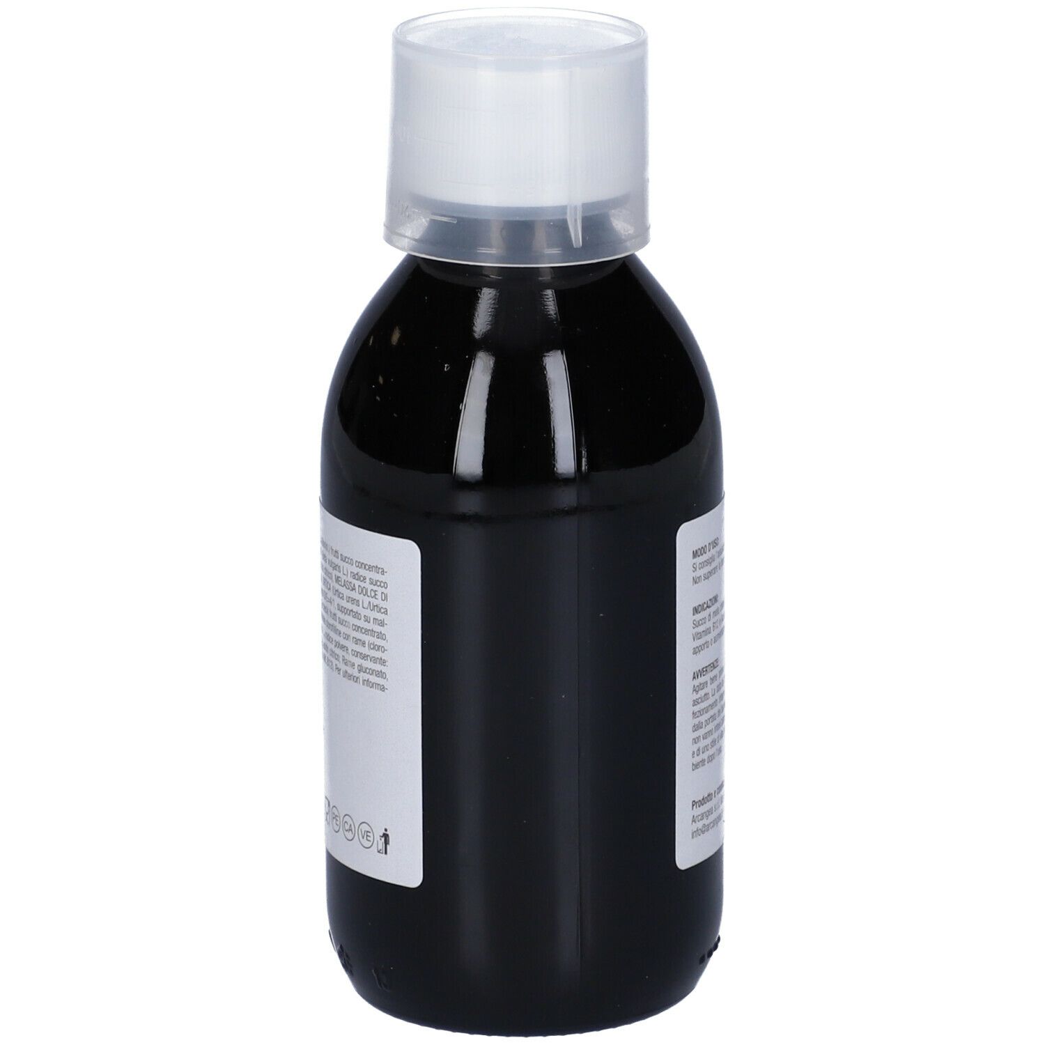 Liquido marrone in bottiglia con tappo bianco. Etichetta con testo.