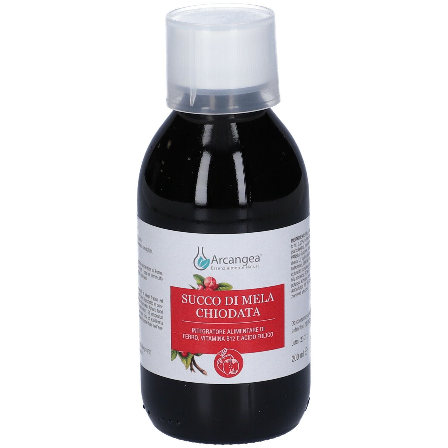 Liquido marrone in bottiglia con tappo bianco. Etichetta con testo.