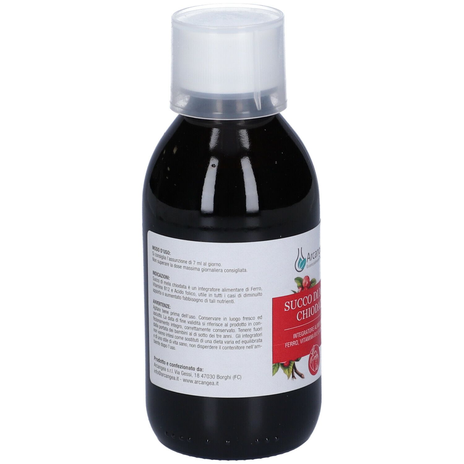 Liquido marrone in bottiglia con tappo bianco. Etichetta con testo.
