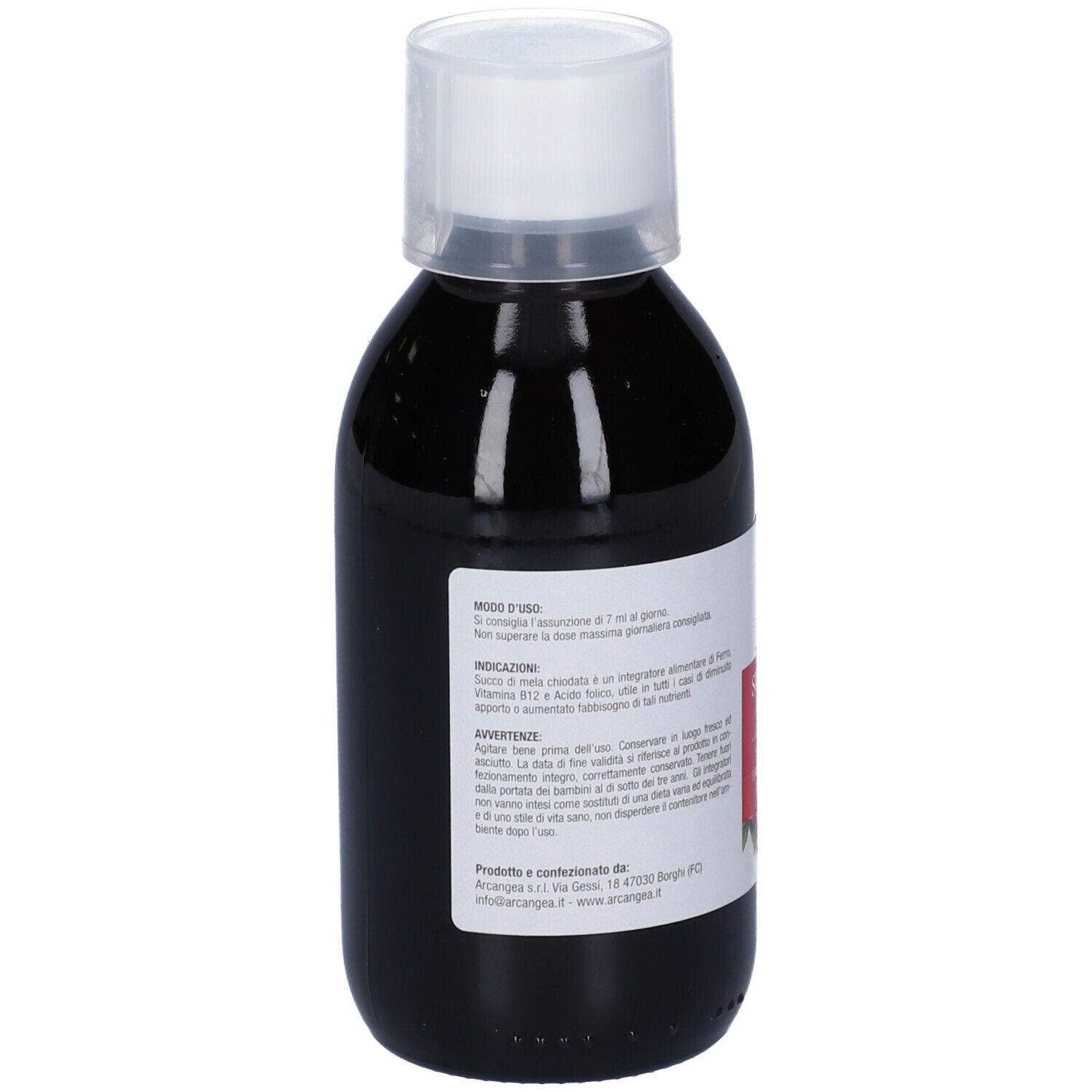 Liquido marrone in bottiglia con tappo bianco. Etichetta con testo.