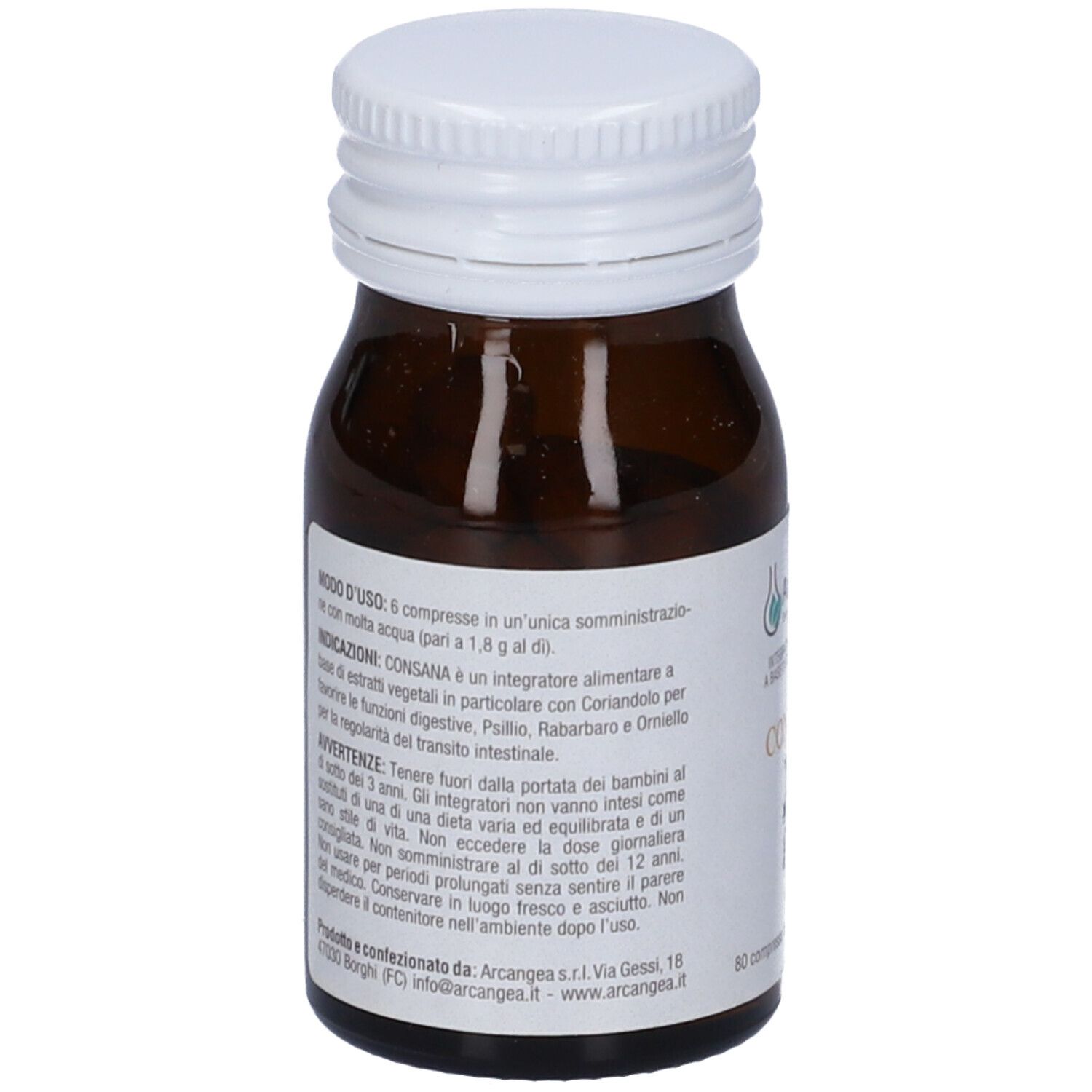 Flacone di vetro marrone con tappo bianco. Etichetta con informazioni sul prodotto, ingredienti e avvertenze. 80 compresse.