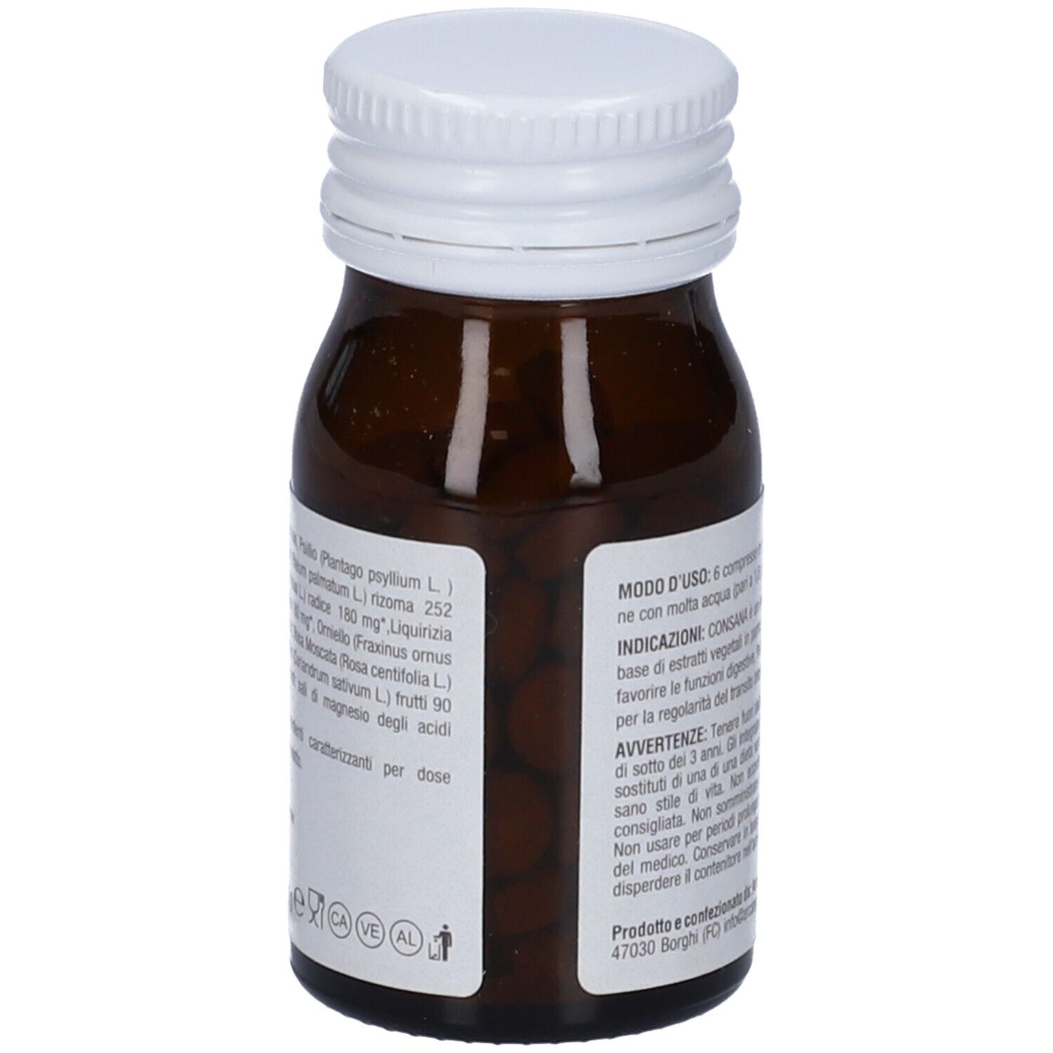 Flacone di vetro marrone con tappo bianco. Etichetta con informazioni sul prodotto, ingredienti e avvertenze. 80 compresse.
