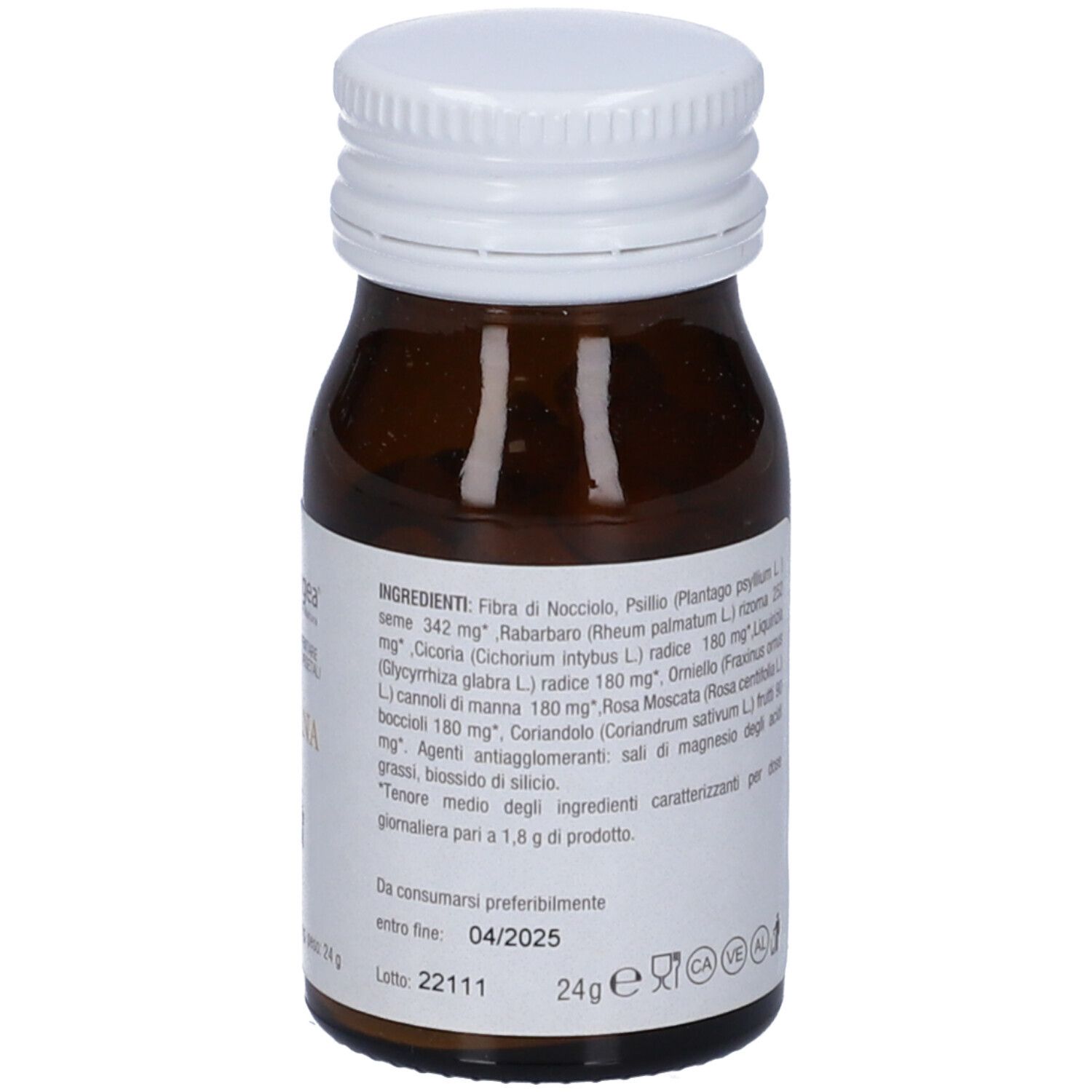 Flacone di vetro marrone con tappo bianco. Etichetta con ingredienti e data di scadenza. 80 compresse.