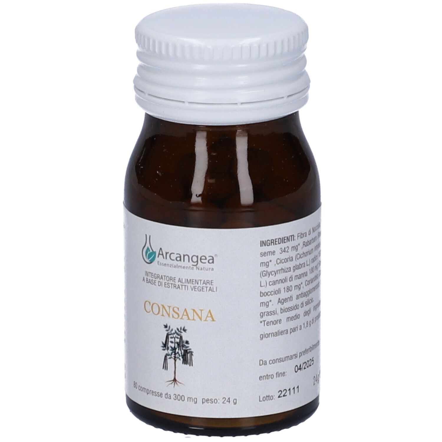Flacone di vetro marrone con tappo bianco. Etichetta con ingredienti e data di scadenza. 80 compresse.
